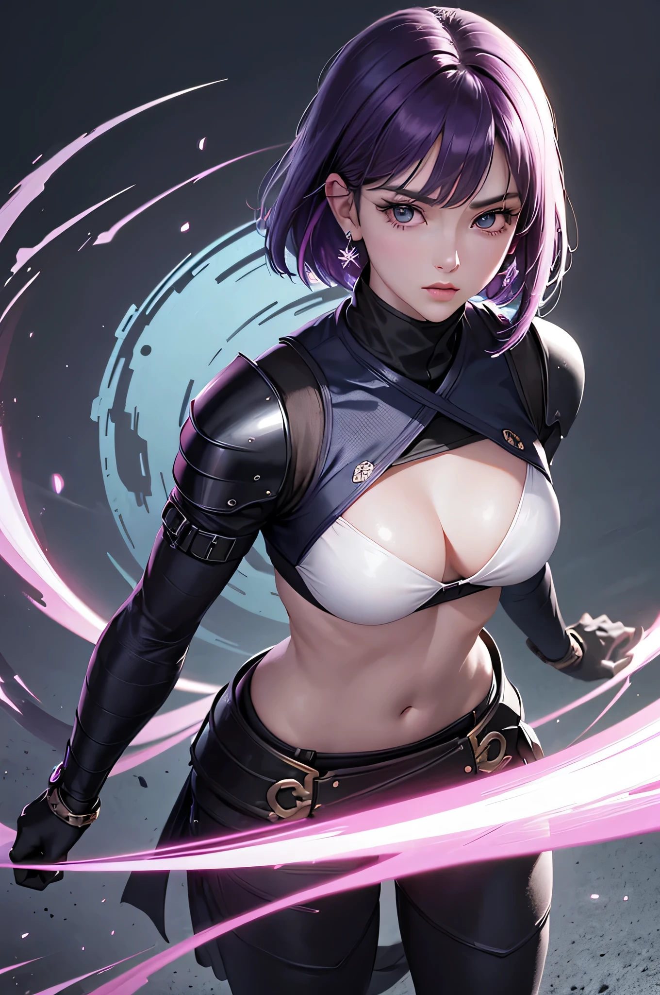 (Finest quality)),(A high resolution),(ultra-detailed art),(Meticulous portrayal),((Best Anime)),(Finest works of art),sharpness,Clear,Ultra-Precision Art,The art of astounding depiction,((female ninja)),
earings,
short Hair, purple hair, vibrant purple hair, extremely detailed hair, detailed bangs, with bangs, shoulder-length hair only,
pretty face, beautiful lips, soft lips,pretty face, close up face,serious face, pretty nose, beautiful nose,
pretty eyes, beautiful eyes, detailed eyes, perfect eyes, green eyes,

clear skin,white skin, soft skin,  small bust, 
korean girl, korean beauty, irene, red velvet irene, 

ninja, female ninja, ninja clothing, detailed ninja clothing, ninja armor, ninja suit, turtle neck, short sleeves, arm sleeves, expose upper arm, 
looking at camera,

standing, cool pose, hide breasts, full body, whole body,

super low-angle shot, looking down, no background,looking at camera,
