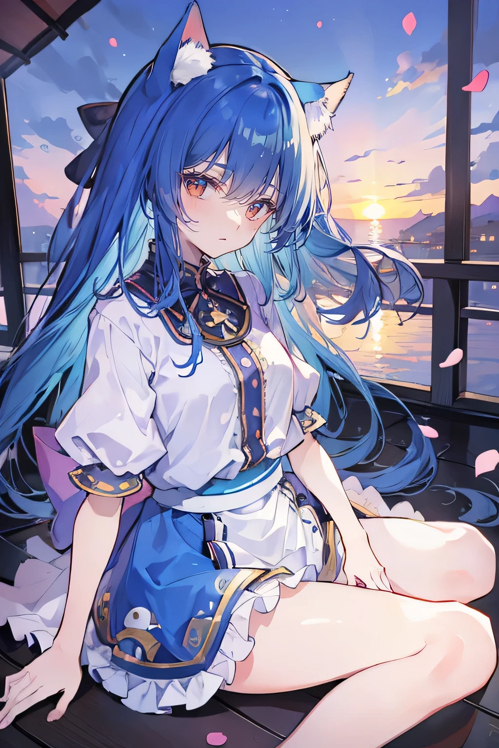 (masterpiece:1.2),Super detailed,Practical,expressive eyes,Fair skin,Perfect face shaping,1 Girl,
Japanese cartoons,Gorgeous blue hair, the long flowing blue hair,Floating clothes,Cat ears,Petals falling,beautiful lola,Young Angel,
Hands on waist,sit elegantly on the ground,Cross your legs,Gentle and peaceful background,Cool and cozy pavilion,Sunset,