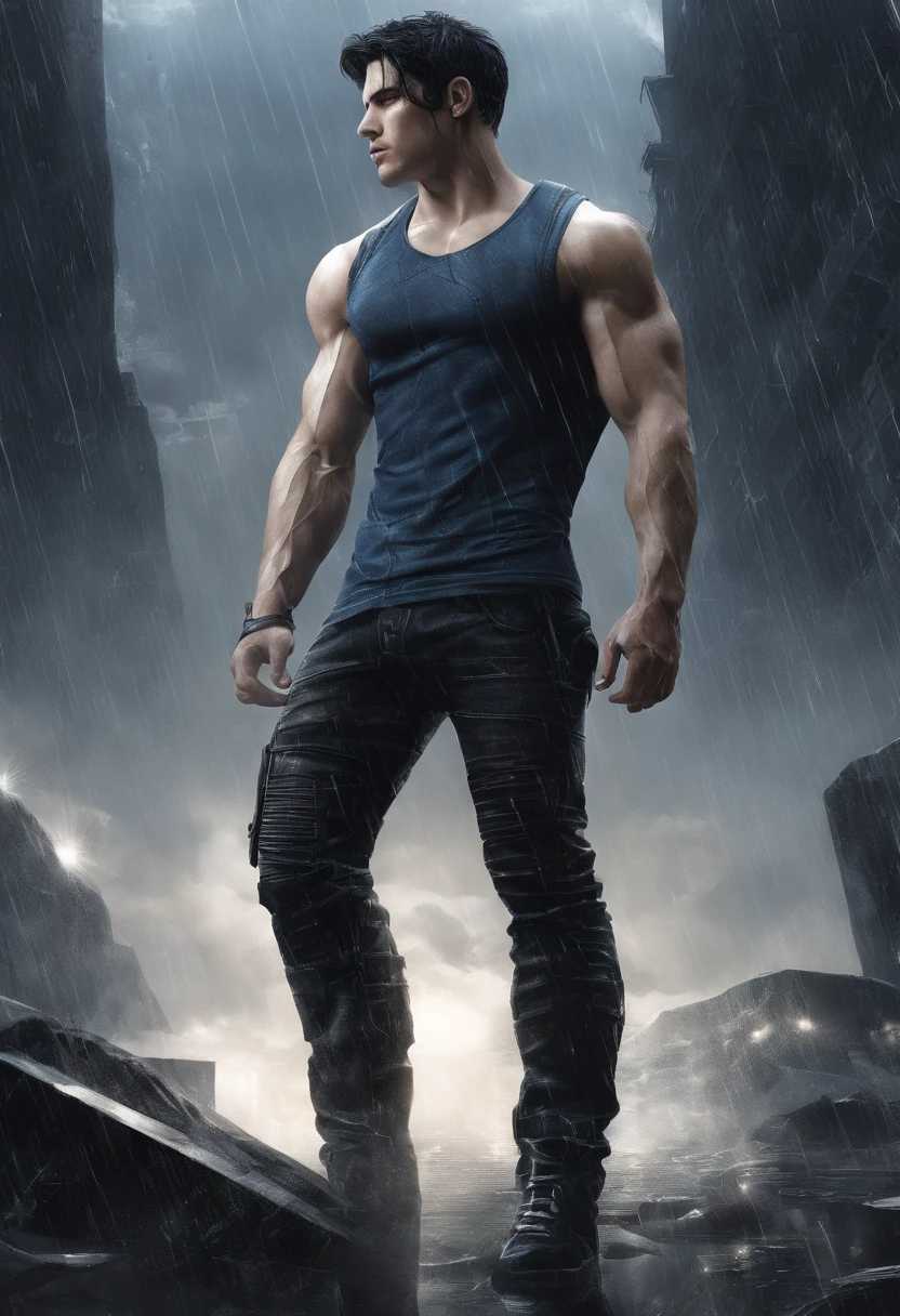 A attractive built muscular white male with short black hair wearing a black tank top and blue jeans kneeling as it is dark and raining only the flash of lightning gives light to see his face