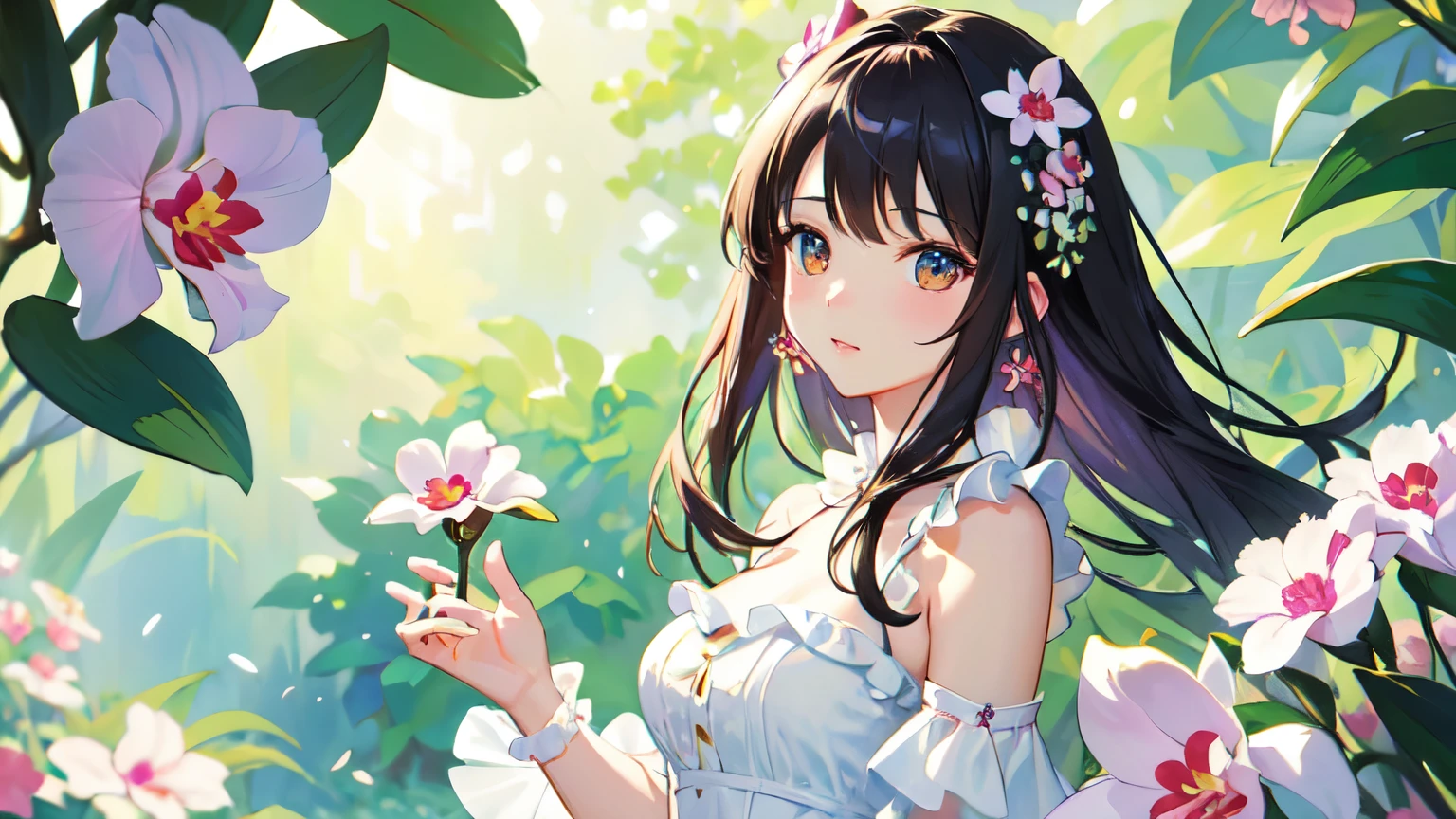 (masterpiece, highest quality:1.2), ((cattleya, solo, 3-flowers, close-up, full body, full bloom, nature, habitat, ))、(One Woman、White Dress)、Soft Focus、Blur the background、Impressionist painting style、Monet's oil painting style、
