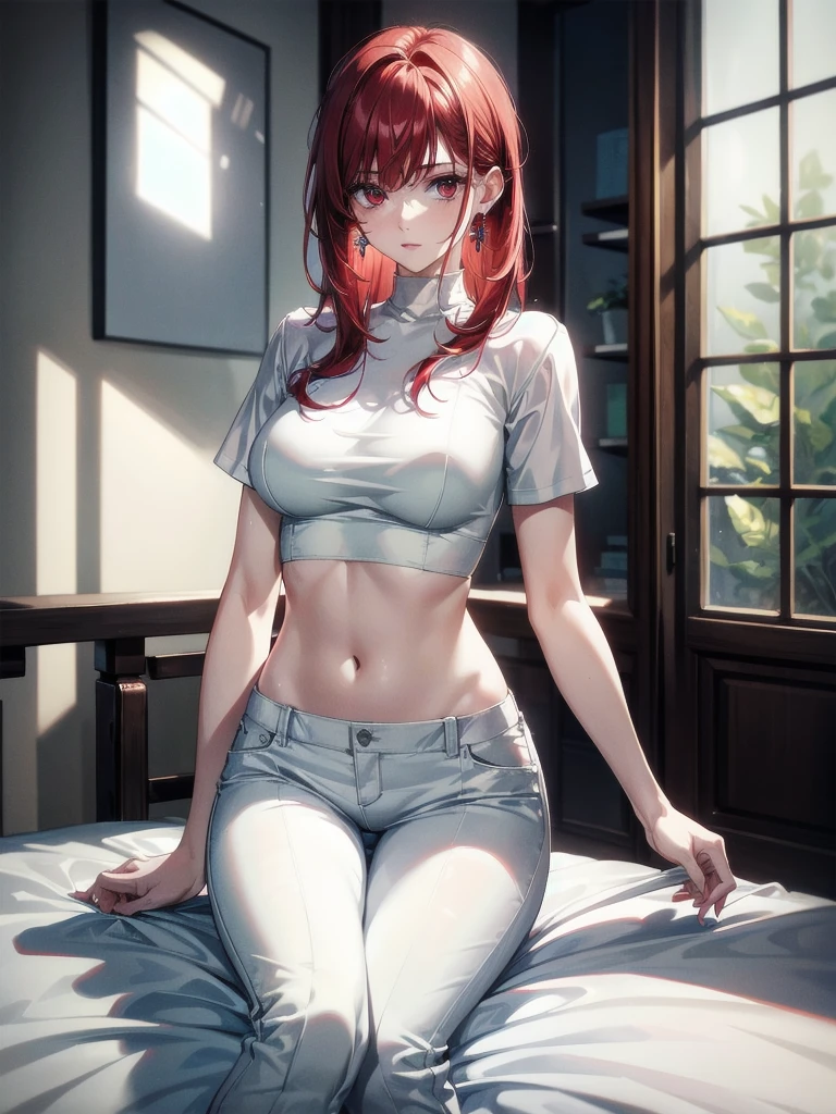 white t-shirt, long pants, absurdres, RAW photo, extremely delicate and beautiful, masterpiece, Best Quality, ultra high resolution, 32k, hyperrealistic, ultra-detailed, detailed description, pale skin, 20 years old, tearful mole, earring, short medium hair, wavy hair, whole body shot, legs, Redhead, Red eyes,