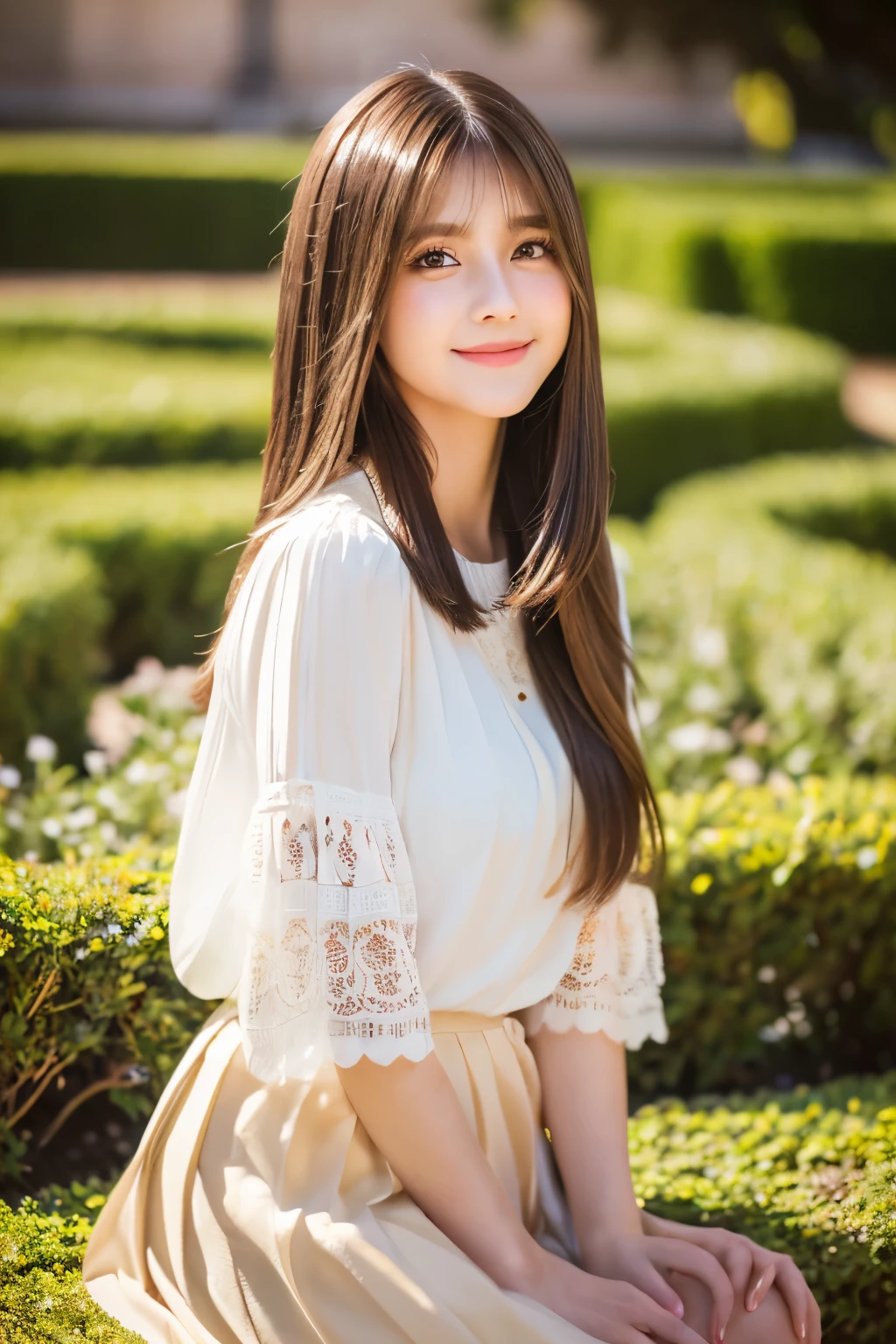 ((Highly detailed, 8K, Masterpiece:1.3)), 1girl, pretty university student, sweet and wholesome demeanor, (long silky brown hair:1.2), (white blouse:1.1), (knee-length pleated skirt:1.1), (campus garden:1.1), glowing skin, delicate bone structure, large sparkling eyes, long lashes, natural makeup, shy smile, soft daylight, cinematic angle