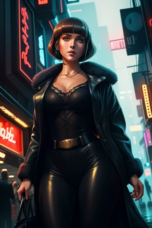 beautifull face, 1girl, wide hips, thights, mature, bladerunner city, attractive, ornate, high detail, digital painting, artstation, concept art, sharp focus, illustration, (Masterpiece:1.3), (best quality:1.3),