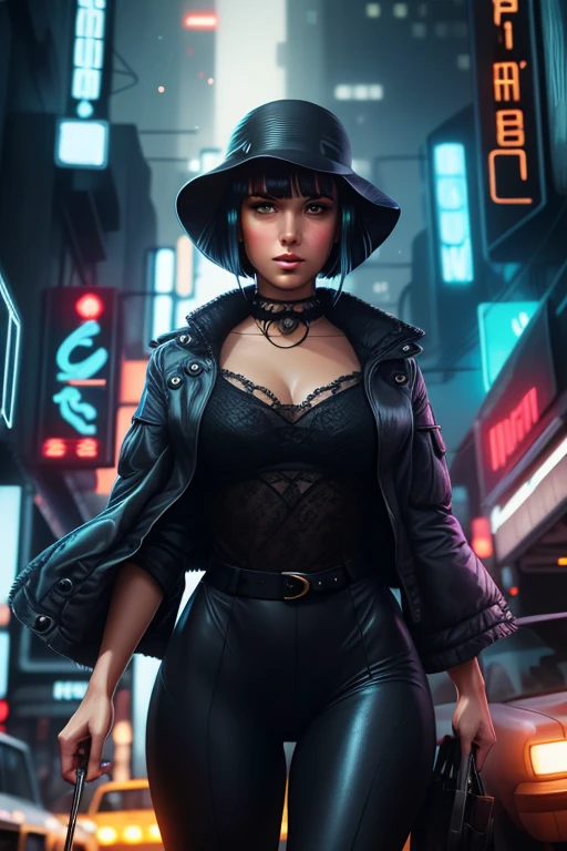 beautifull face, 1girl, wide hips, thights, mature, bladerunner city, attractive, ornate, high detail, digital painting, artstation, concept art, sharp focus, illustration, (Masterpiece:1.3), (best quality:1.3),