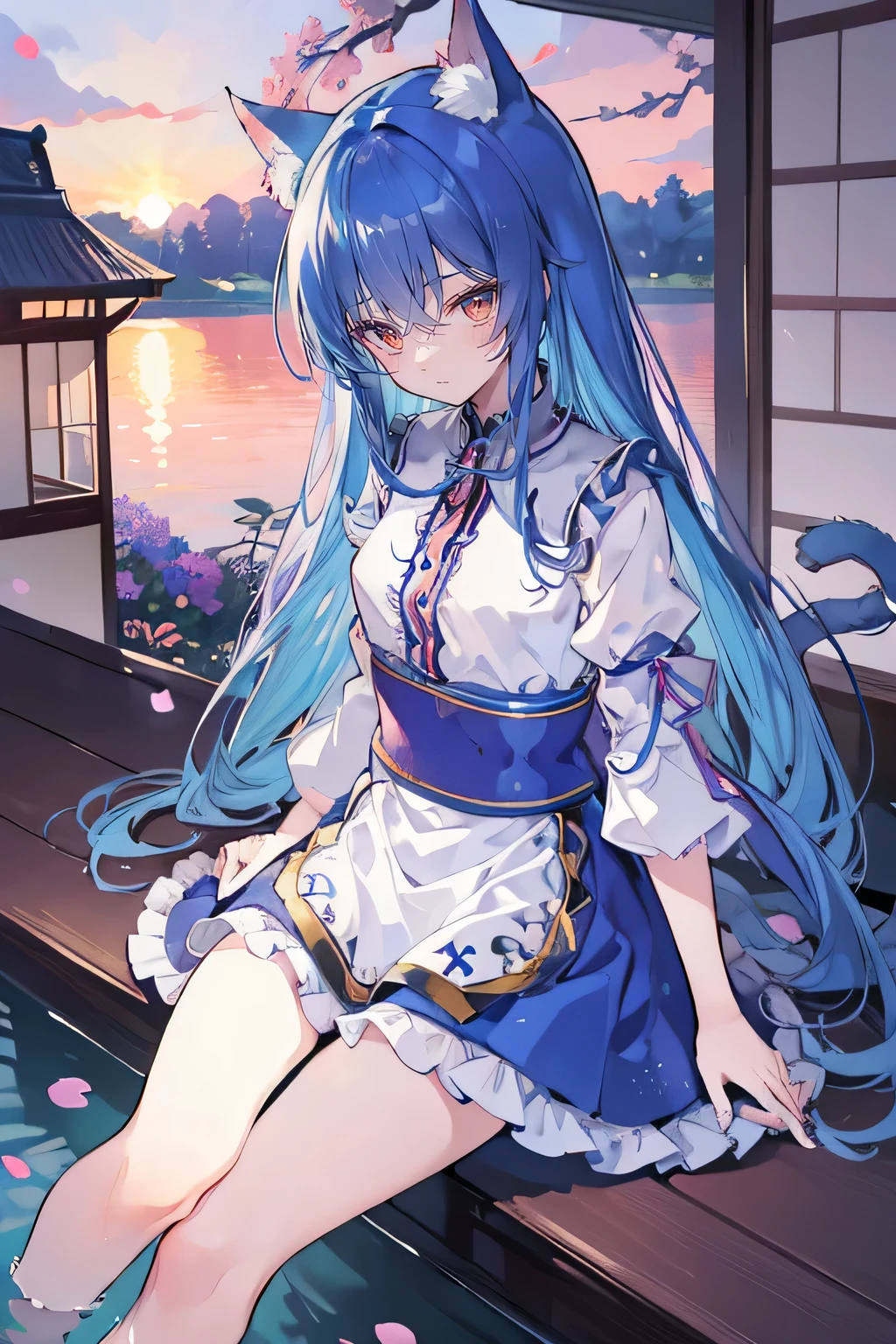 (masterpiece:1.2),Super detailed,Practical,expressive eyes,Fair skin,Perfect face shaping,1 Girl,
Japanese cartoons,Gorgeous blue hair, the long flowing blue hair,Floating clothes,Cat ears,Petals falling,beautiful lola,Young Angel,
Hands on waist,sit elegantly on the ground,Cross your legs,Gentle and peaceful background,Cool and cozy pavilion,Sunset,