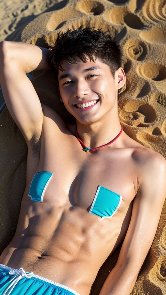 male　Age 25 Lifesaver swimwear smile lying on the beach