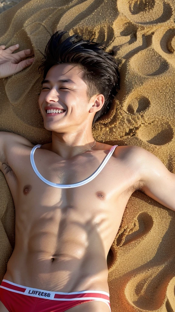 male Age 25 Lifesaver swimwear smile lying on the beach