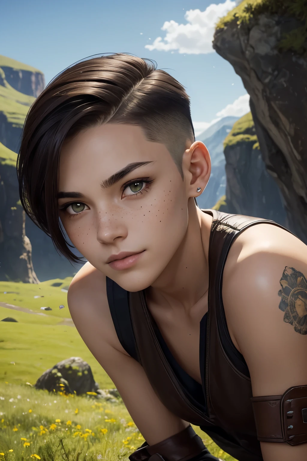 A happy young woman with an undercut in a fantasy setting. An adventurer and a ranger. Very androgynous looking. In a good mood. Sympathic. Tomboyish. Androgynous. Slim body. Very . Very small breasts. Wide hips. Thick legs. Face: Extremly pale skin with liverspots and freckles. Soft narrow face with a round chin. Soft small jaw. Big forehead. Very thin barely visible eyebrows. Upturned big dark-brown eyes. Dark-brown eyecolour. Very long and wide nose. Big curved lips. Very short dark-brown hair. A boyish short haircut. Undercut. Sides shaved. Background: green meadow and a blue sky.