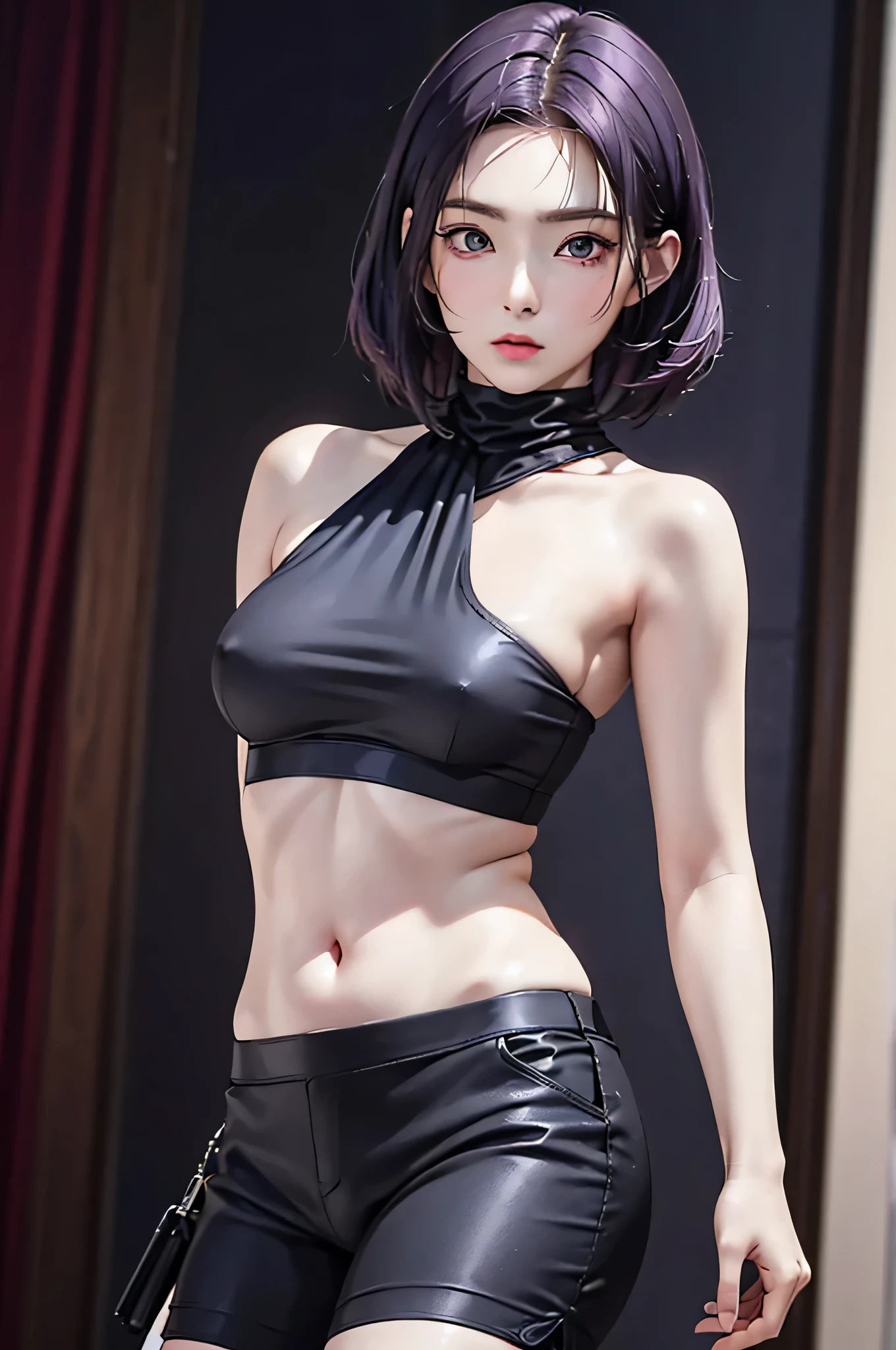 (Finest quality)),(A high resolution),(ultra-detailled art),(Meticulous portrayal),((Best Anime)),(Finest works of art),sharpness,Clear,Ultra-Precision Art,The art of astounding depiction, (Female Ninja in the Dark:1.3),
short Hair, purple hair, vibrant purple hair, extremely detailed hair, detailed bangs, with bangs, short hair only,
pretty face, beautiful lips, soft lips,pretty face, close up face,serious face, pretty nose, beautiful nose,
pretty eyes, beautiful eyes, detailed eyes, perfect eyes, green eyes,
korean girl, korean beauty, irene, red velvet irene,
clear skin, clear skin, white skin, soft skin, slim body, small breasts, detailed skin, detailed thighs, show navel, detailed arms,
Ninja clothing, Ninja outfit, dark gray cycling shorts, dark gray halter top, white turtle neck, detailed halter top turtleneck, thick halter top turtle neck, dark gray arm sleeves, detailed sleeves, cover breasts, cover neck,
looking at camera,
dark gray shorts, detailed dark gray shorts,
standing, cool pose,
super low-angle shot, looking down,