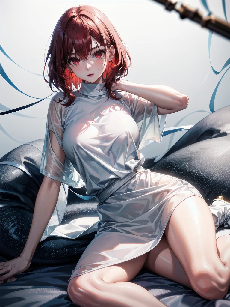 white t-shirt, boots, absurdres, RAW photo, extremely delicate and beautiful, masterpiece, Best Quality, ultra high resolution, 32k, hyperrealistic, ultra-detailed, detailed description, pale skin, 20 years old, tearful mole, earring, short medium hair, wavy hair, whole body shot, legs, Redhead, Red eyes,