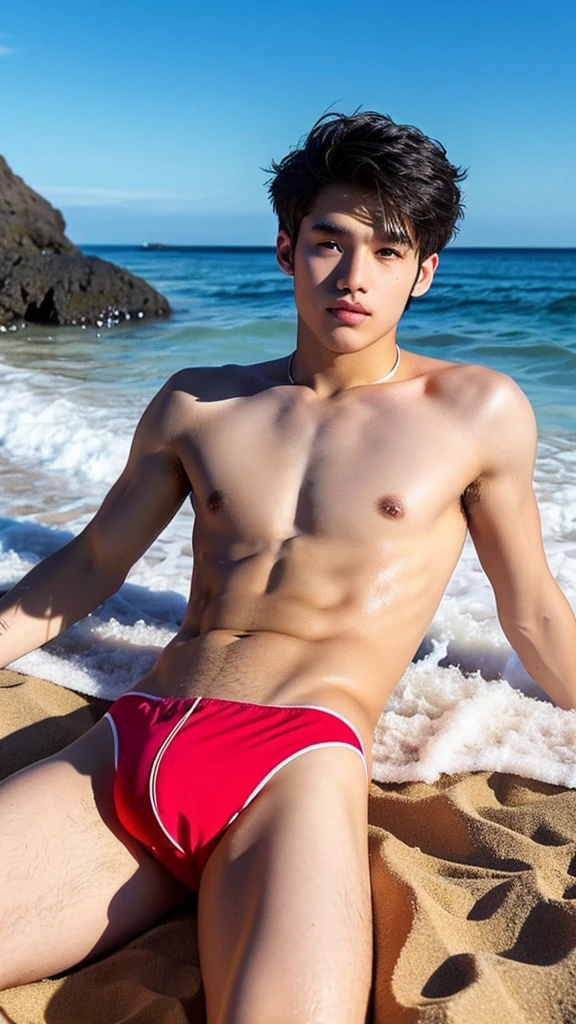 male　Age 25 Lifesaver swimwear lying on the beach