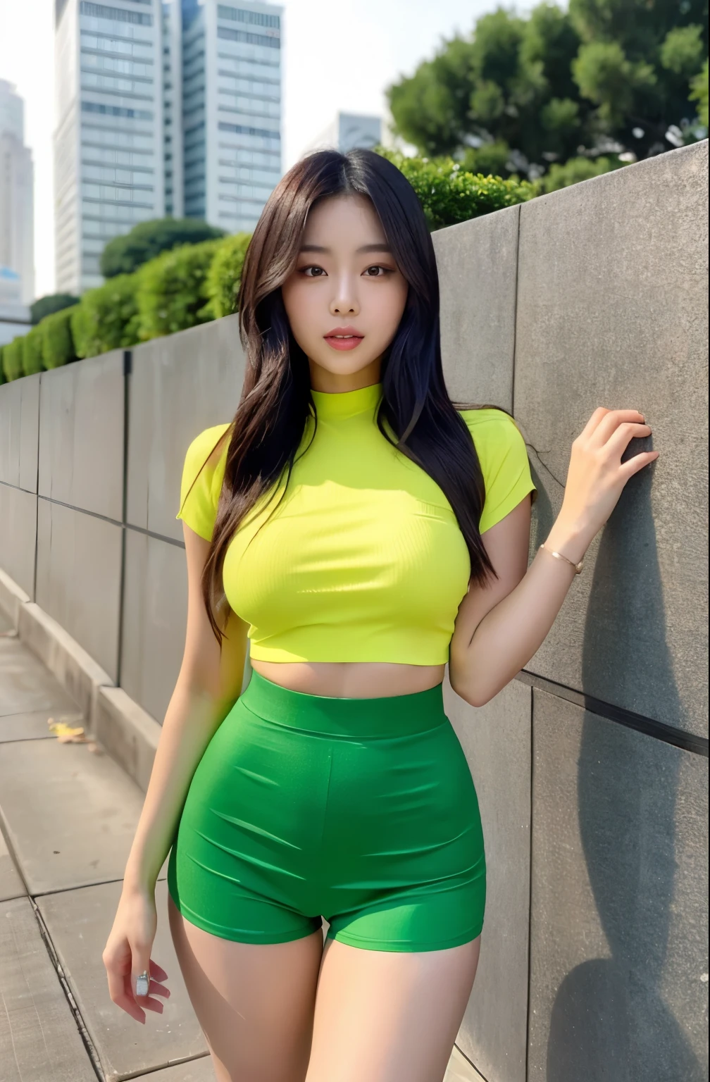 araffe asian woman in a green top and black shorts, korean girl, gorgeous young korean woman, 2 4 year old female model, asian girl, wearing yellow croptop, beautiful asian girl, beautiful south korean woman, beautiful young korean woman, chiho, young asian girl, korean woman, thicc, photo of slim girl, wearing tight shirt, tight shirt