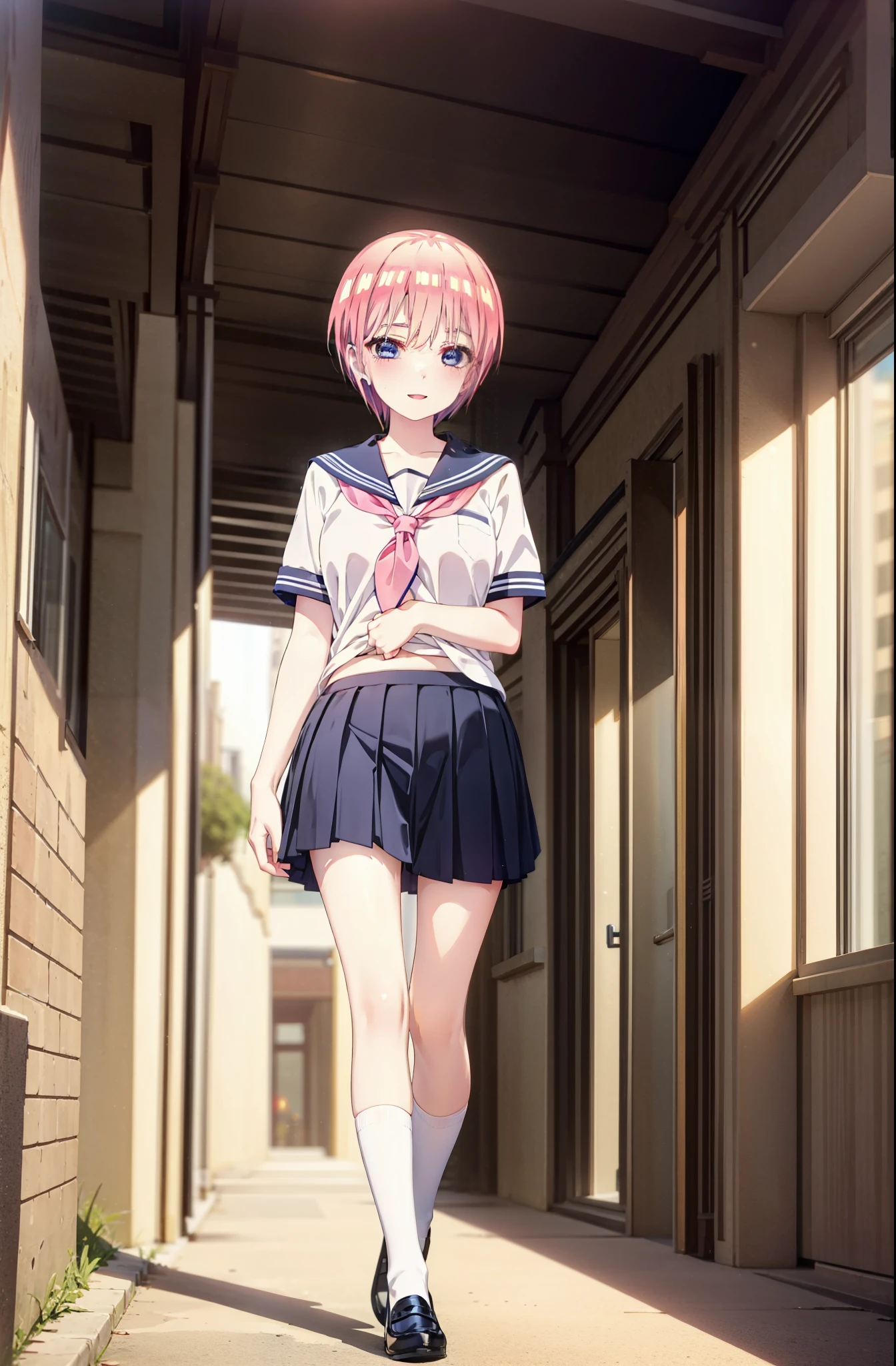 ichikanakano, ichika nakano, short hair, bangs, blue eyes, Hair between the eyes, Pink Hair, smile,happy smile, smile, Open your mouth,Big Breasts,Japanese schoolgirl(Red Sailor Suit),Short sleeve,Black pleated skirt,White knee socks,Brown Loafers,evening,Sunset,The sun is setting,sunny,whole bodyがイラストが入るように,Looking up from below,Walking,
break outdoors, In town,Building district,
break looking at viewer, whole body,
break (masterpiece:1.2), highest quality, High resolution, unity 8k wallpaper, (shape:0.8), (Beautiful details:1.6), Highly detailed face, Perfect lighting, Highly detailed CG, (Perfect hands, Perfect Anatomy),