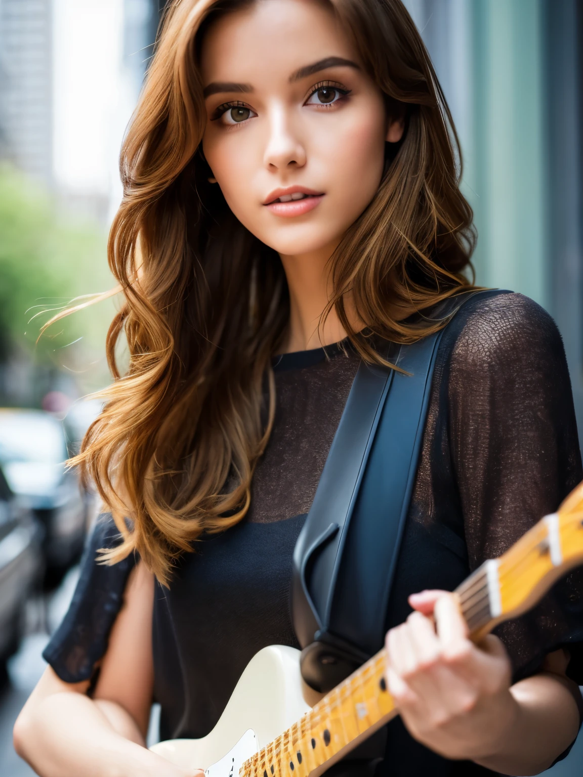 Short Bob Hair, nlnnx, (Clear focus:1.2), photograph, Attractive Young Woman, (Pretty face:1.1), Delicate eyes, Sweet Lips, (Bold red lip color:0.85), (slim:1.2), (Long Hair:1.2), Depth of written boundary, Bokeh, 4K, High resolution. pass (James C. Christensen:1.2|Jeremy Lipkin:1.1).((Playing electric guitar:1.3))、New York Manhattan、Dressed in 1980s clothing