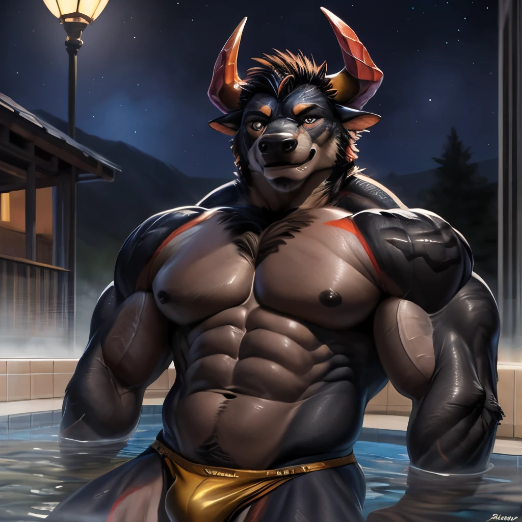Obsidius \(live_a_hero\), bull, brown body, big red horns, seductive smug face, bodybuilder, topless, muscular male, muscular, detailed muscles, detailed fur, bright fur, bright body, night, detailed face, high detailed, high resolution, underwear, high quality, detailed eyes, detailed background, thermal baths background, detailed muscular abs, huge muscular pecs, huge muscular biceps, thick muscular thighs, anthro, loincloth, male, full portrait, by bomb, by chunie, by bruteandbrawn, by personalami, by kenket, (intricate, high detail, film photography, soft focus, RAW candid cinema, photorealism, realistic, photorealistic, analog style, subsurface scattering, masterpiece, best quality, ultra realistic, 8k)