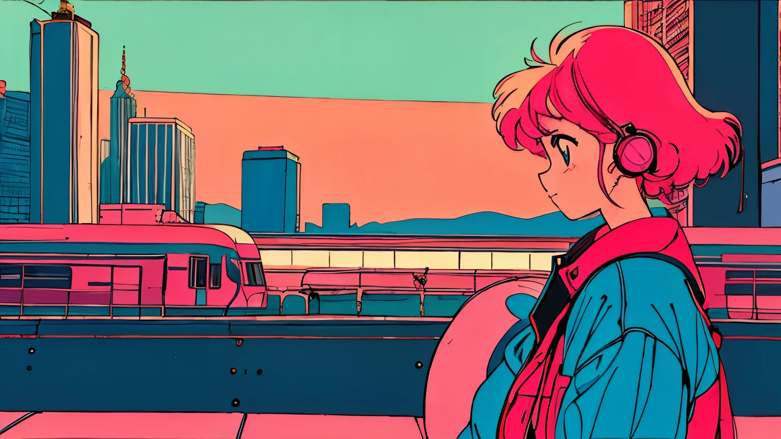 City pop style art,Pink Hair, Wearing headphones, Futuristic yet lo-fi, Retro, Vintage, Ghost,masterpiece, Are standing, train (( evening )), (( Looking down ))