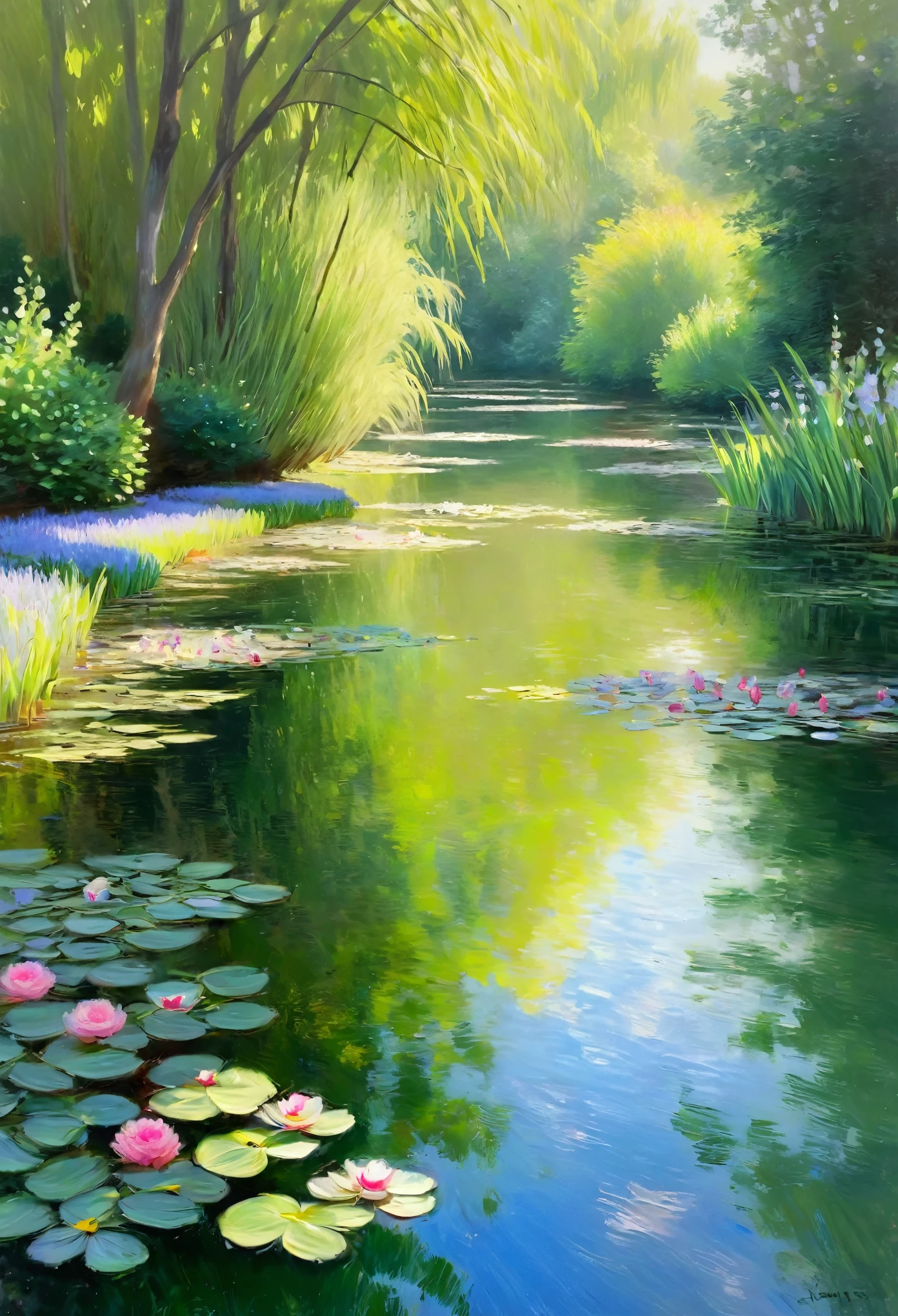 best quality,highres,masterpiece:1.2,ultra-detailed,realistic,vivid colors,studio lighting,portraits,landscape,impressionism,Monet style,soft brushstrokes,pastel colors,reflective water,lush greenery,blooming flowers,dappled sunlight,peaceful atmosphere,water garden,artistic flair,ethereal,serene,harmonious composition