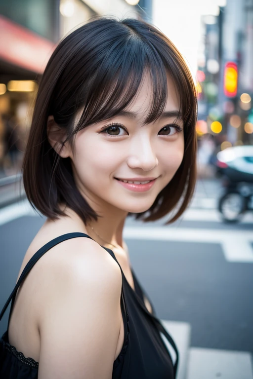 1 girl, Japanese women, Tokyo Street , Streetscape, Upper Body, front, close, smile, Very delicate face, double eyelid, Face thinning, (8k, RAW Photos, highest quality, masterpiece:1.2), (Realistic, photo-Realistic:1.37),
