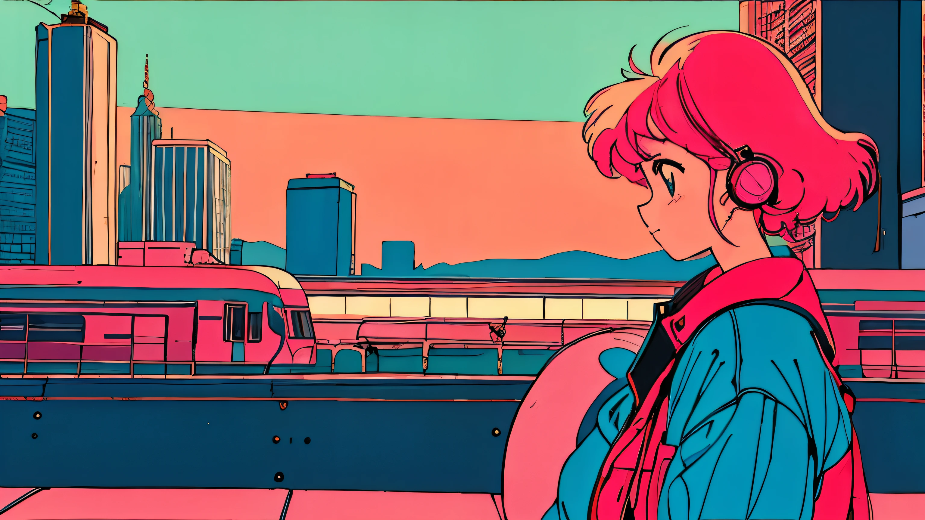 City pop style art,Pink Hair, Wearing headphones, Futuristic yet lo-fi, Retro, Vintage, Ghost,masterpiece, Are standing, train (( evening )), (( Looking down ))