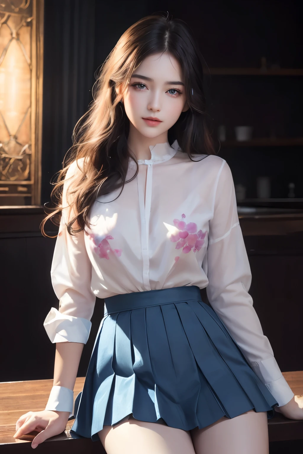 Ultra-realistic 8K CG, picture-perfect face, perfect face, beautiful face, beautiful eyes, perfect female body, front view, solo, immersive atmosphere, chiaroscuro: 1.5, bright lights: 1.2, luminous , Only Daughter, Shirt, Pleated Skirt, Award Winning Watercolor, Sitting, Full Body, Ambient Light, Cinematic Composition, Neon Light, HDR, Perfect, Clean, Masterpiece, Professional Artwork, Famous Artwork, Blush, Enchantment facial expressions, highly detailed eyes, beautiful backgrounds, depth of field, realism: 1.3, long shots, accent lighting,