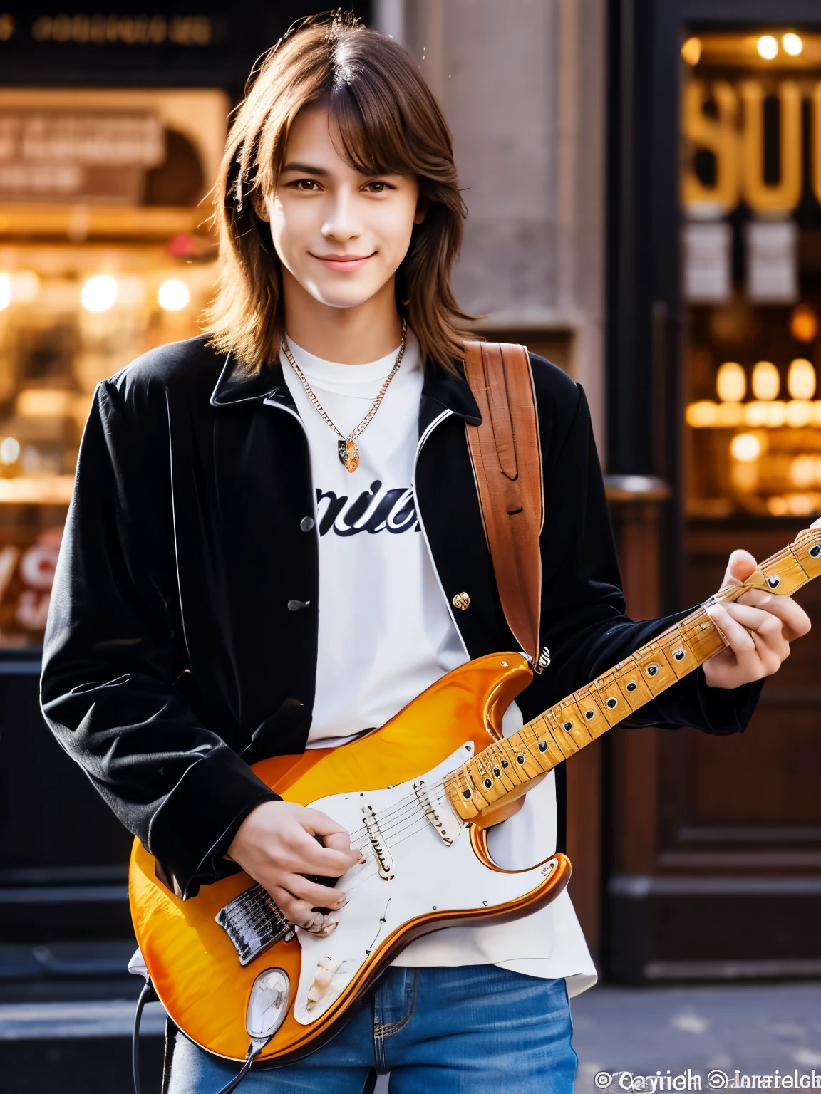 Photorealistic, 8k full body portrait, good looking,20-year-old male, attractive appearance, Facial details, Paris city center、((Playing electric guitar:1.2))