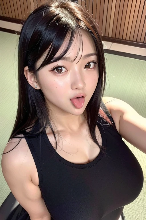 highest quality,masterpiece,Ultra-high resolution,(Realistic:1.4),Beautiful lighting, (Highly detailed CG Unity 8k wallpaper), Beautiful face in every detail,Detailed clothing, 50mm portrait photography, One Girl,Big black eyes, cute, young, Temporarily stop, Facial lighting, Physically Based Rendering,Written boundary depth , Black Hair, Mole under the eye,(Serious face), ((Take from above)), (Please open your mouth wide),Japanese women、20-year-old、camisole、(Large Breasts),Inside the room、Young and beautiful woman taking a selfie, Taken with iPhone camera、Open your mouth_Sticking out tongue、