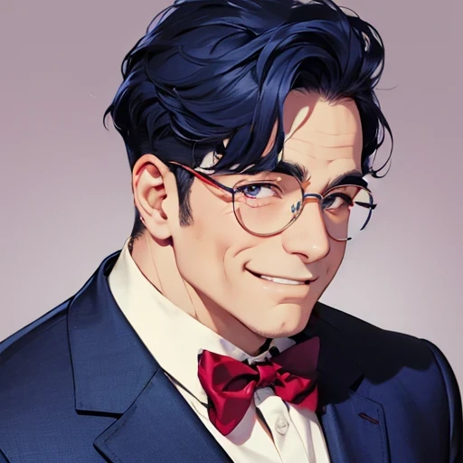 bust shot, front view, middle aged man, 60 years old , navy blue hair, round glasses, Purple suit, red bow tie, round face shape, plump body type, purple eyes, big smile