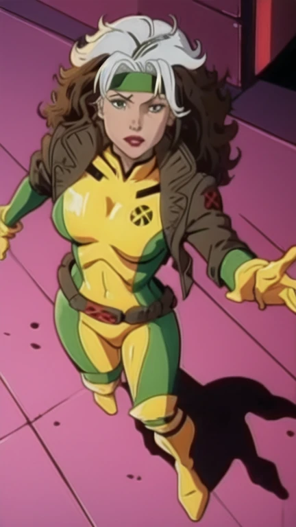 CARTOON_X_MENs_Rogue,ownwaifu,
long hair,breasts,brown hair,green eyes,lipstick,makeup,lips,white hair,two-tone hair,headband,wavy hair,large breasts,messy hair,curly hair,big_hair, 
yellow bodysuit,jacket,gloves,belt,yellow gloves,green bodysuit,bodysuit,multicolored bodysuit,superhero, skin tight,multicolored clothes,  1girl, solo, looking at viewer,straight-on, full body, highres, scenery, (masterpiece:1.1), (best quality,:1.1), (high quality:1.1), (anime screencap:1.2),