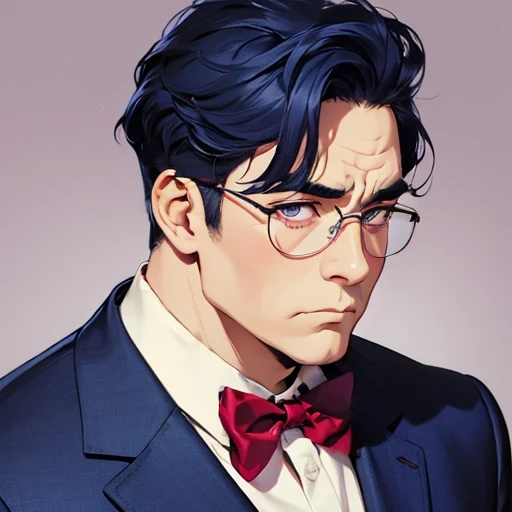 bust shot, front view, middle aged man, 60 years old , navy blue hair, round glasses, Purple suit, red bow tie, round face shape, plump body type, purple eyes, annoyed