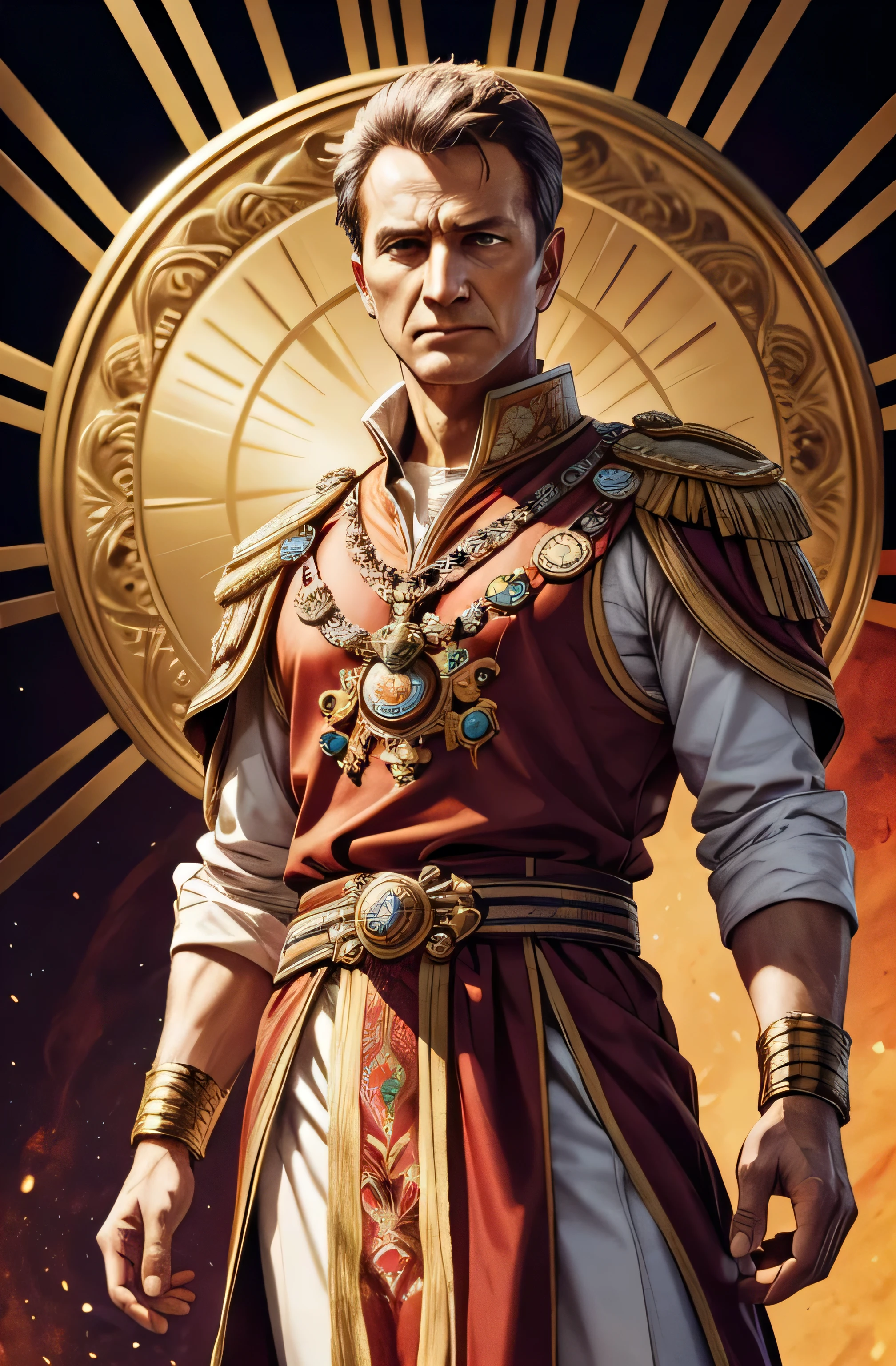 Julius Caesar, emperor, detailed representation of the face, detailed colorful background, light aura, best image, high resolution, half body shot, facing the viewers, colorful background, half body shot, full body shot, cowboy shot
