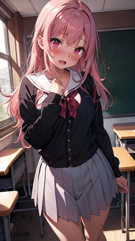 mastute piece,Best Quality,insanely detailed,8k cg,
shoot upper body,(body in front:1.1),
1girl,standing,looking at viewer,(school uniform),
break,blush,shy,ecstasy face,gasping,(trembling:1.2),pink hair,large breasts,open mouth,(classroom),