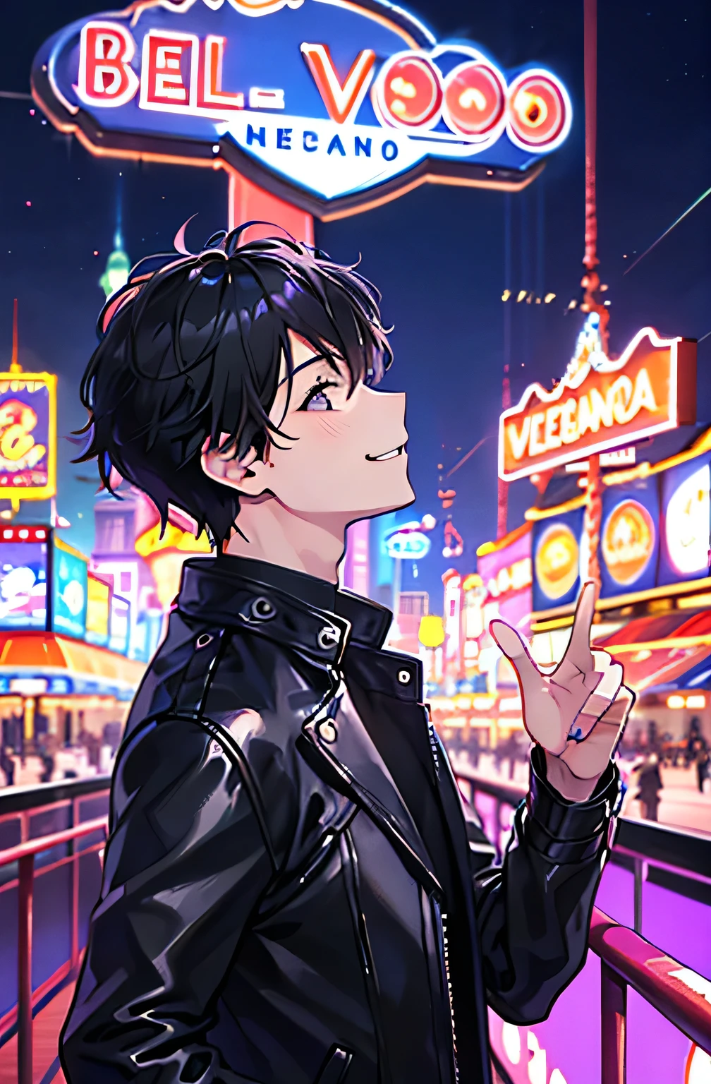 Best image quality、Young man looking up at a huge casino、night、、Beautiful views、Las Vegas、neon、profile、Huge casino in the background、Wearing a black leather jacket、Black Hair、1 male、A happy face、Fine hand