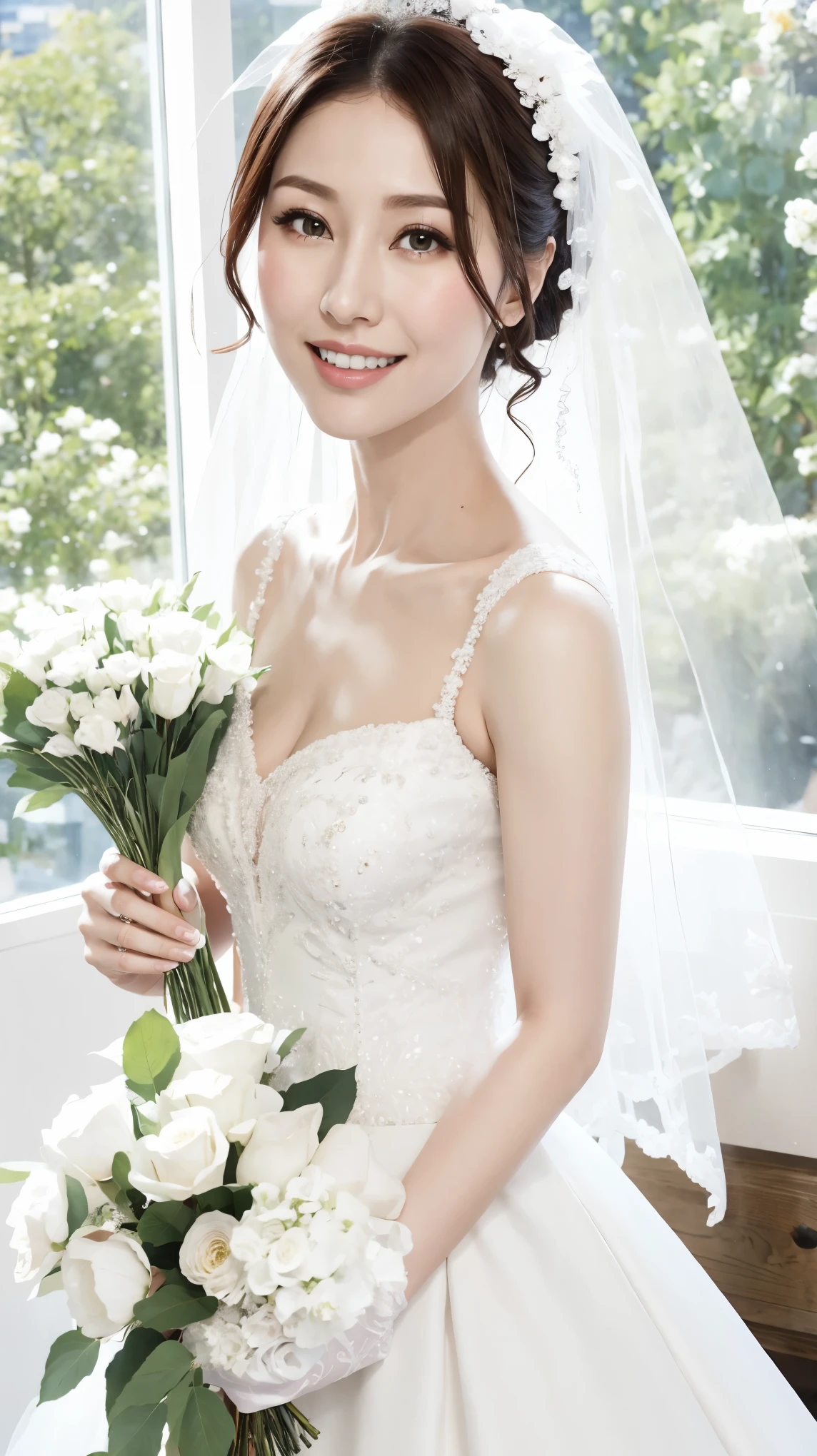 Fashion model 25 years old [[[[close up]]]], [[[[neck]]]], [[[[Shoulder]]]], Perfect eyes, Perfect iris，Perfect lips，Perfect Teeth，Perfect skin，White skin，Soft headlight，High-density imaging review，（Face is clear and delicate），((White Bride Wedding Dress))，((Smile))，((Background is indoor))，((There are green trees and flowers outside the window))，best quality，masterpiece，（Soft colors：1.2