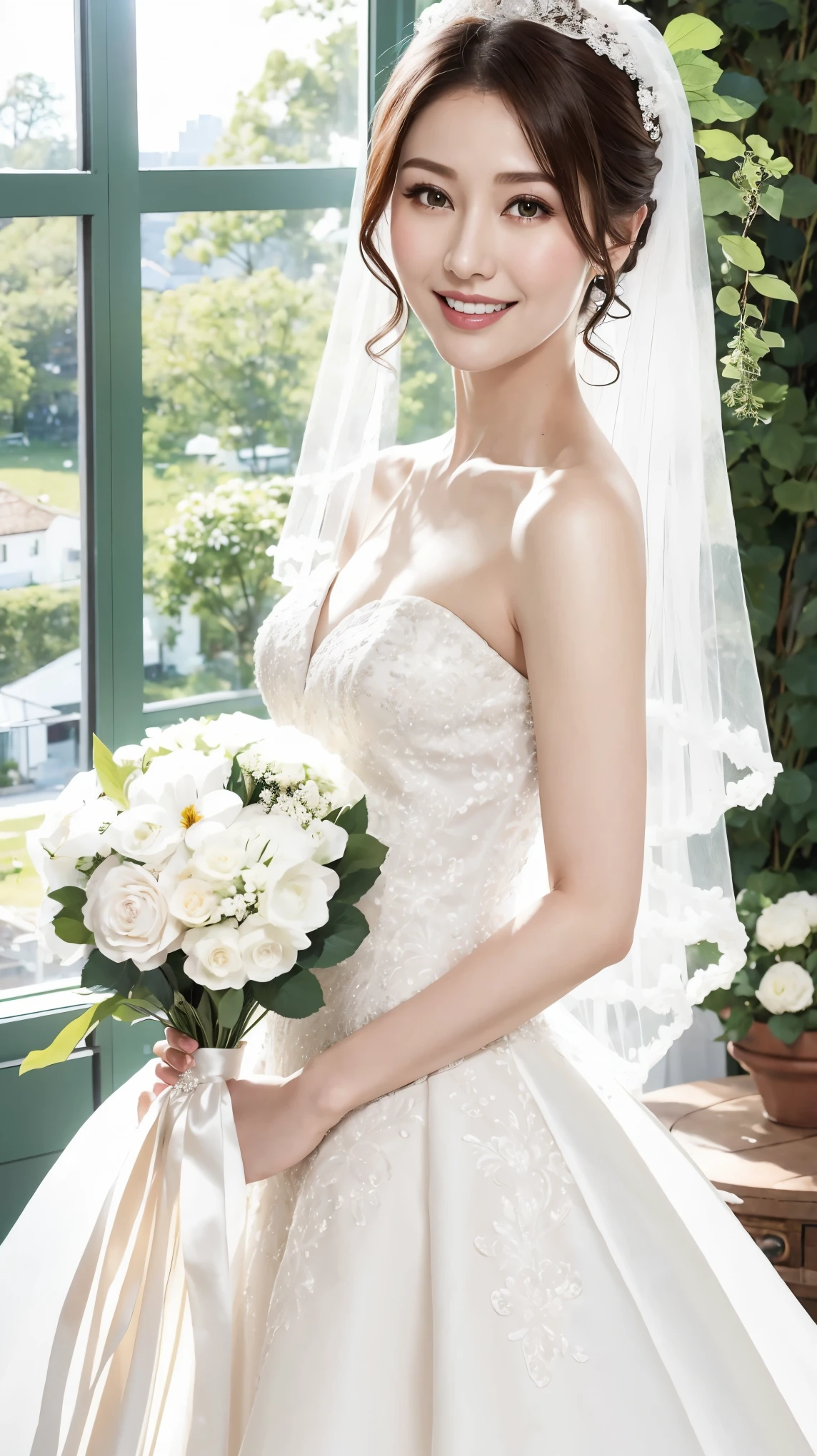 Fashion model 25 years old [[[[close up]]]], [[[[neck]]]], [[[[Shoulder]]]], Perfect eyes, Perfect iris，Perfect lips，Perfect Teeth，Perfect skin，White skin，Soft headlight，High-density imaging review，（Face is clear and delicate），((White Bride Wedding Dress))，((Smile))，((Background is indoor))，((There are green trees and flowers outside the window))，best quality，masterpiece，（Soft colors：1.2