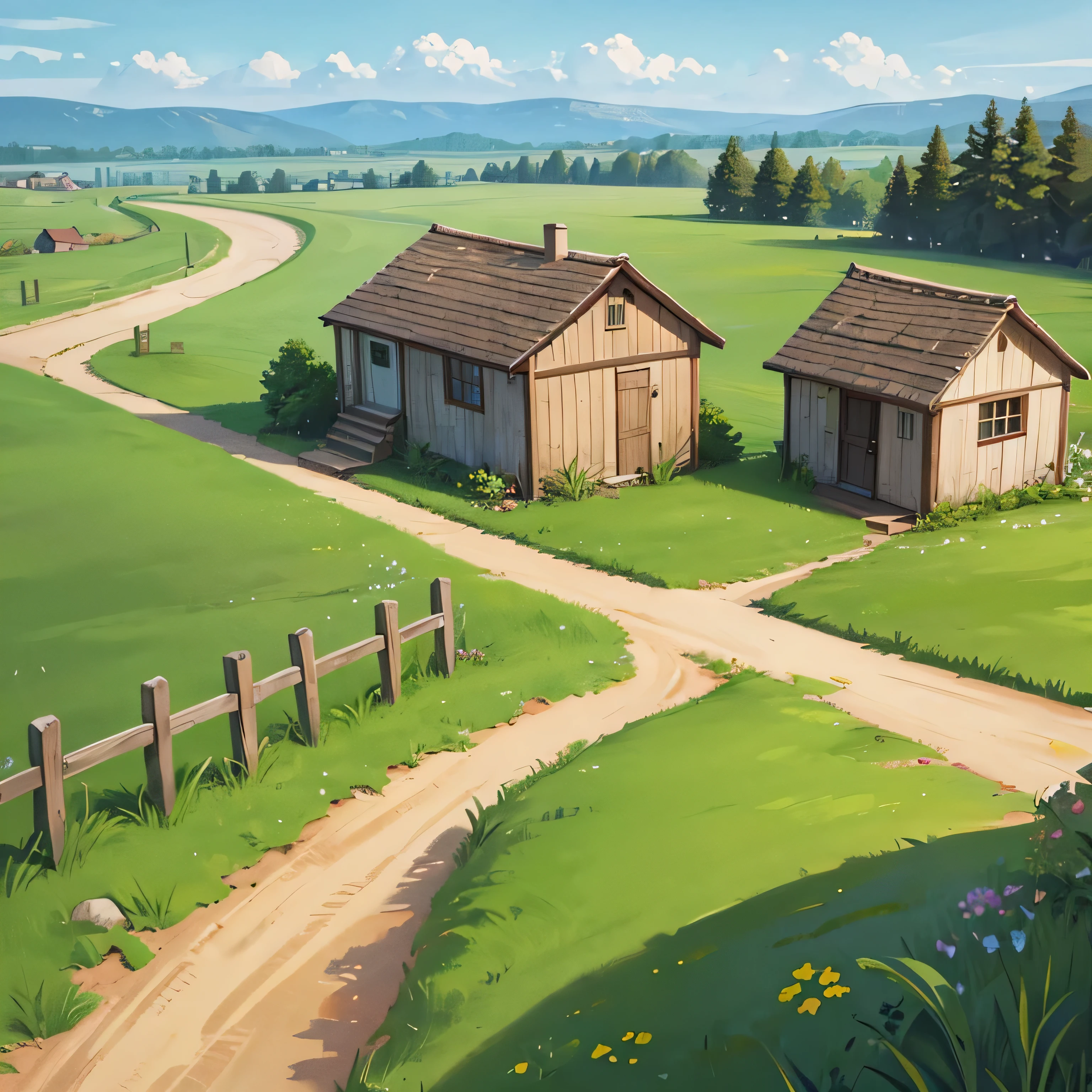 Landscape of Stylized dirt road and grass and village and white fence with every small big details