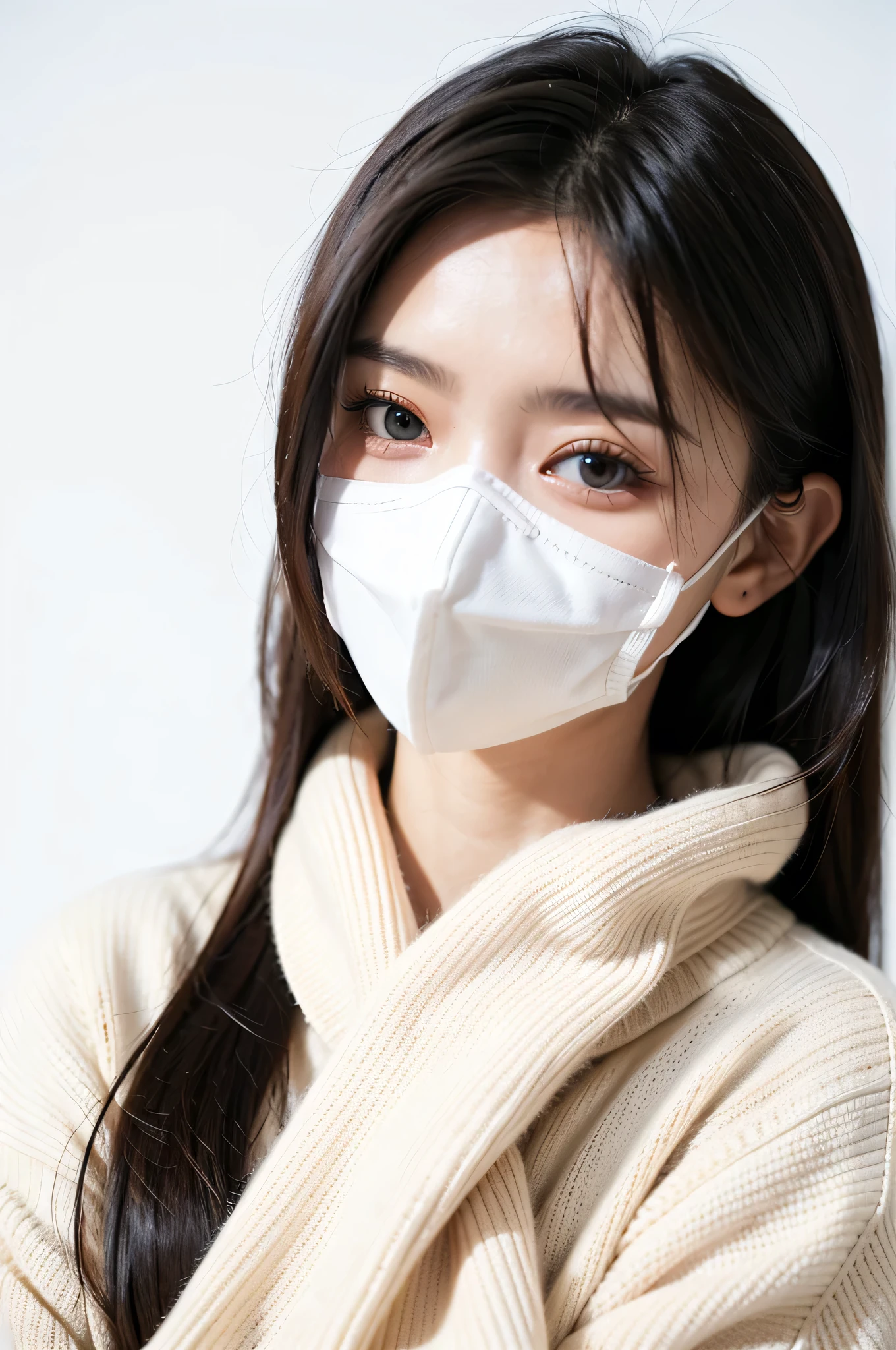 1girl,sweater,white background,wearing a mask, and giving a some devil type look, eyes color is red 
