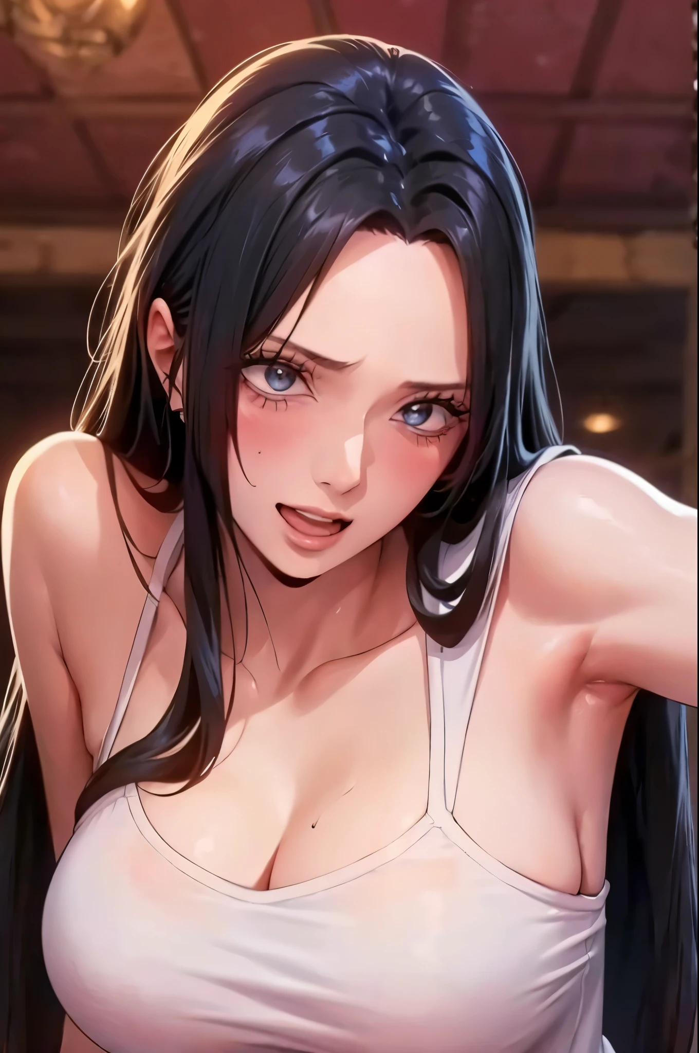best quality, masterpiece, highly detailed,1girl, Boa Hancock, , (masterpiece:1.5), Detailed Photo, Smiling, Sexy, (8K, Best Quality: 1.4), (1girl), Beautiful Face, (anime realistic Face), (Black Hair, long Hair: 1.3), Beautiful Hairstyle, Realistic eyes, beautiful detail eyes, (white skin), beautiful skin, absurd, attractive, ultra high resolution, ultra realistic, high definition, golden ratio, (sexually aroused:1.5), Pinkish white skin, cool white light, sexy pose, Beautiful , white background, pink soft white light, Wear a white tank top, sexy armpits