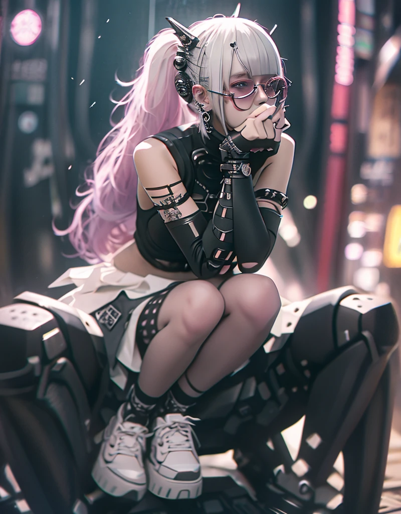 From above、highest quality, Tabletop, Actress Photos, beautiful, Observe the audience、Background white、Nike、Earringsの女性、Earrings、Laughter、Colorful Hair, Black shorts、Blunt bangs、(Black Skirt)、1girl in, alone, Realistic, High resolution, Akame, Korean, cowboy (highest quality,High resolution:1.2),Very detailed,(Realistic:1.37) (girl), Exposed female genitalia, Anime Style, (Fat:1.4) , cyber punk , Full body tight suit , (Covered nipples:0.9) , (chest:1.1) , (Muscular:1.3) , (Abdominal muscles:1.1) , (Thick arms:1.4) , Thick thighs , Big Hips , Exposed female genitalia, Light pink hair , short hair , Dark Skin , During pregnancy , Ahegao , Black glasses , Spread your legs , cyborg girl , Robot Joint , Robot shoulder ,
