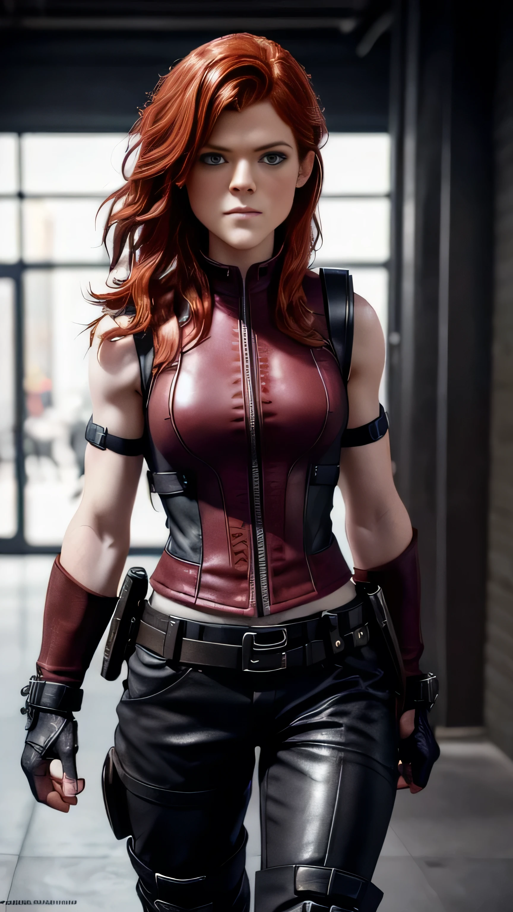 ((Rose Leslie)) as Kira from Mortal Kombat, dark tactical clothing, black sexy short leather waistcoat, crimson leather shorts, black boots, combat gear, belts, weapon holsters, red hair in a punk-like style, braids, facial piercings, (long shot), (full body render), (full body view), fine detail, hyper realistic, HD, 4K, definition, texture, perfect detail, perfect face, beautiful, hyperrealism, trending on artstation