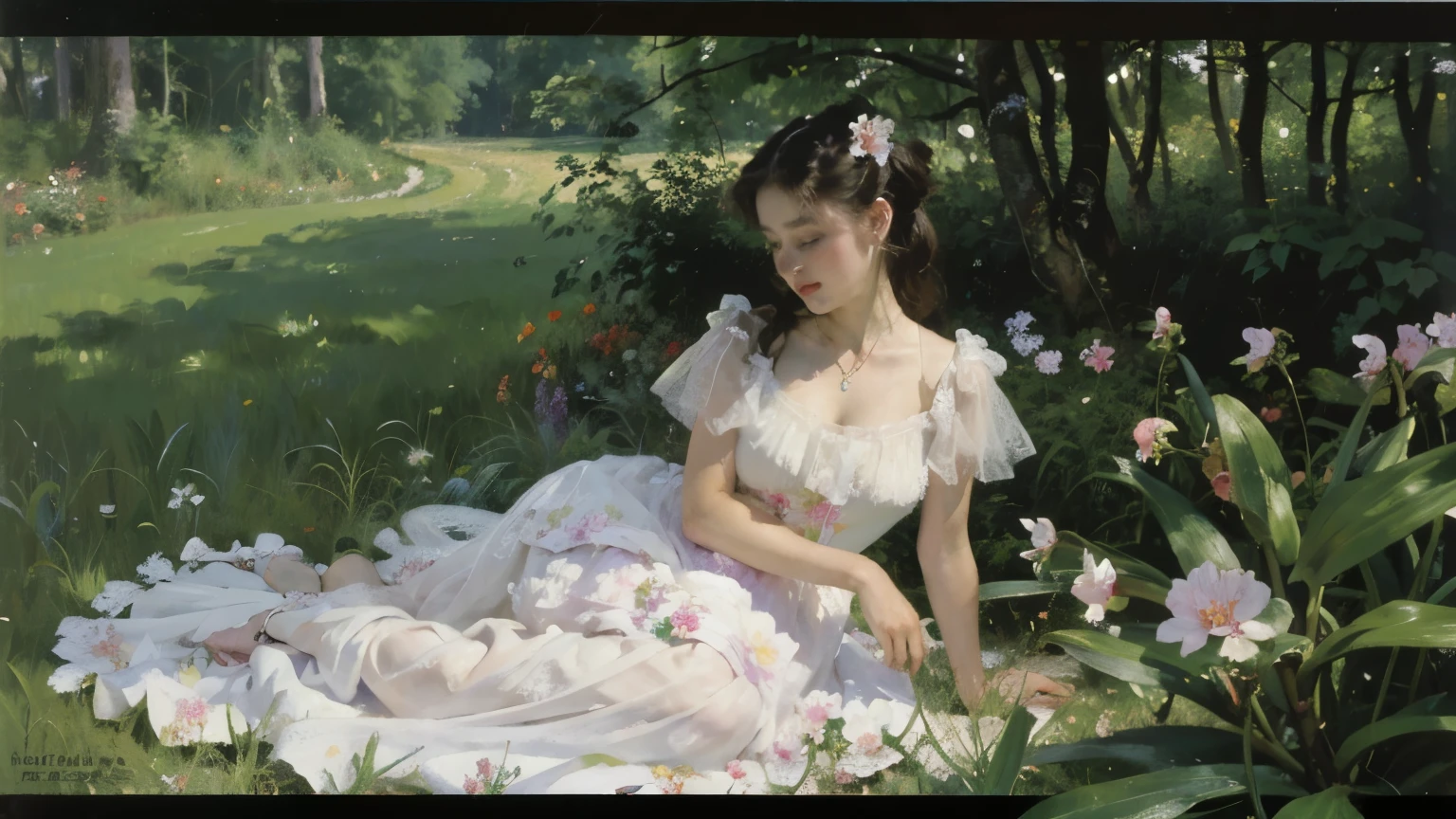 (masterpiece, highest quality:1.2), ((cattleya, solo, 3-flowers, close-up, full body, full bloom, nature, habitat, ))、(One Woman、White Dress)、Soft Focus、Blur the background、Monet&#39;s oil painting style、