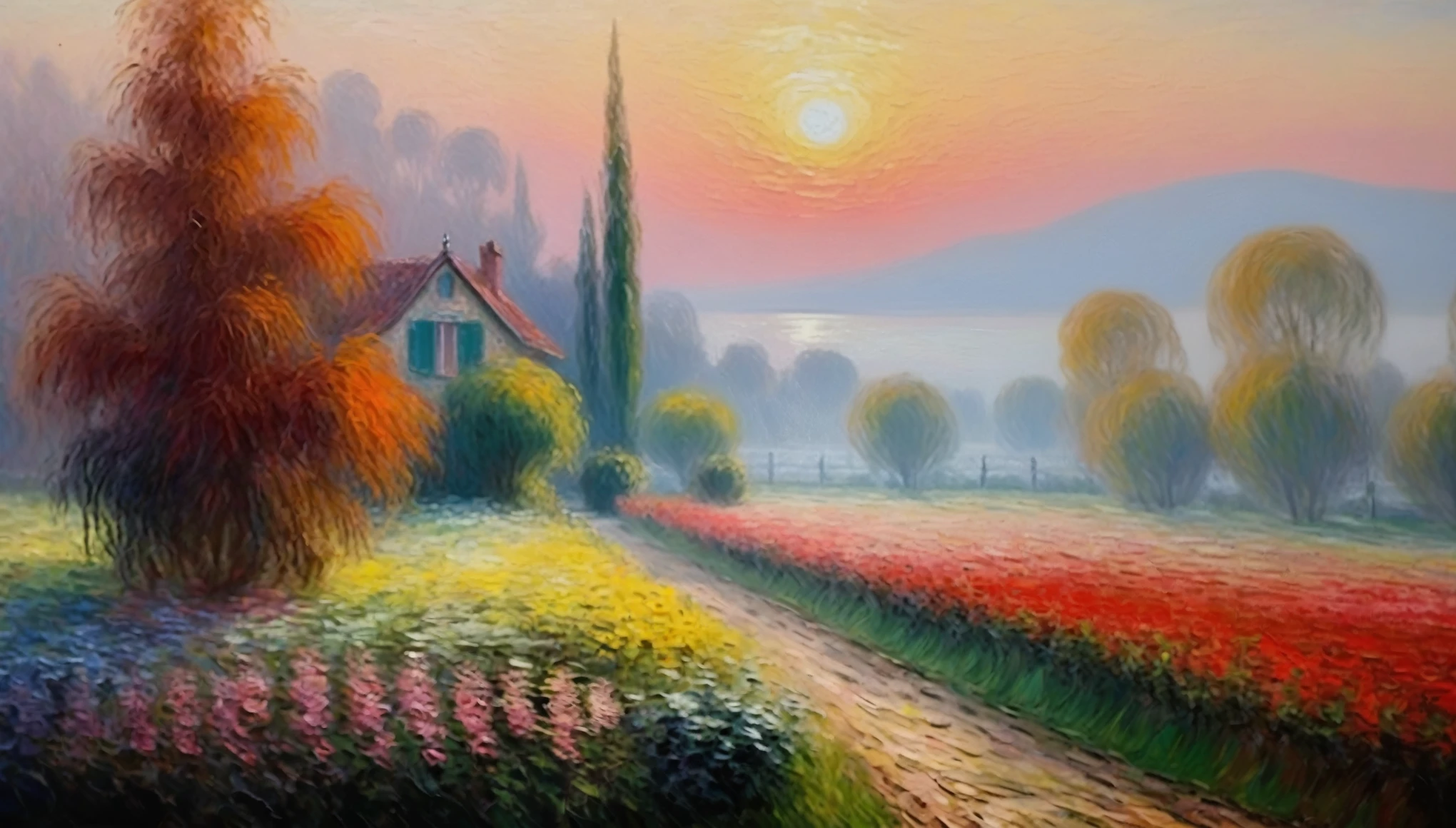 [[(fog earl morgen : young beauty flored garden , crimson)((Claude Monet style!!!))])):20]/[background: landscape Renaissance, impressionism and expressionism, old canva, (silver fog sunset), ((landscape style Claude Monet:1,6))]/[very colorful,((oil painting palette knife))((masterpiece)),((highest detail))]]