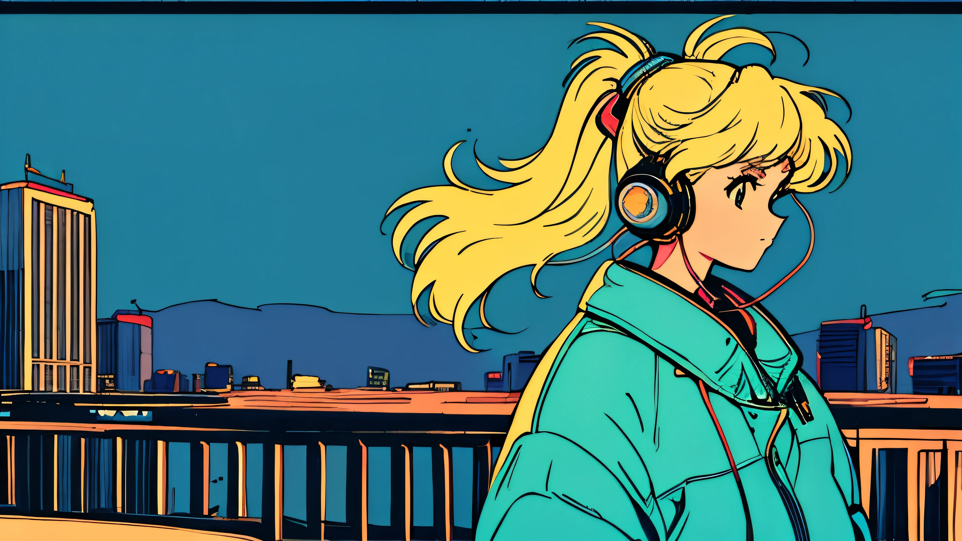 City pop style art,Yellow Hair, ponytail, Wearing headphones, Futuristic yet lo-fi, Retro, Vintage, Ghost,masterpiece, Are standing, Rooftop (( Late Night )), (( Looking down ))