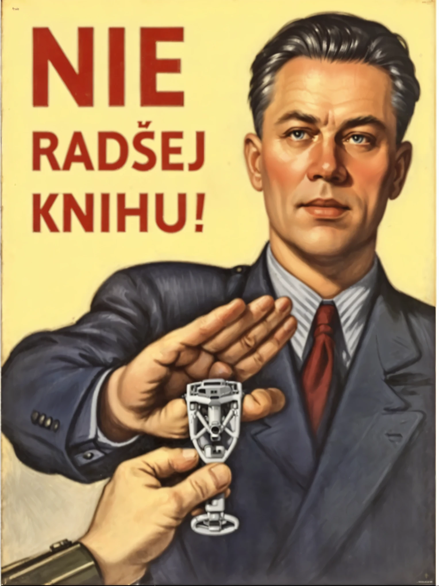 a close up of a poster with a man holding a dji avata drone, propaganda poster, inspired by Karel Klíč, by Karel Klíč, soviet poster of viktor orban, propaganda art, communist propaganda poster, 1940s propaganda poster, communist propaganda, historical image, in a soviet propaganda style, by Andrzej Wróblewski