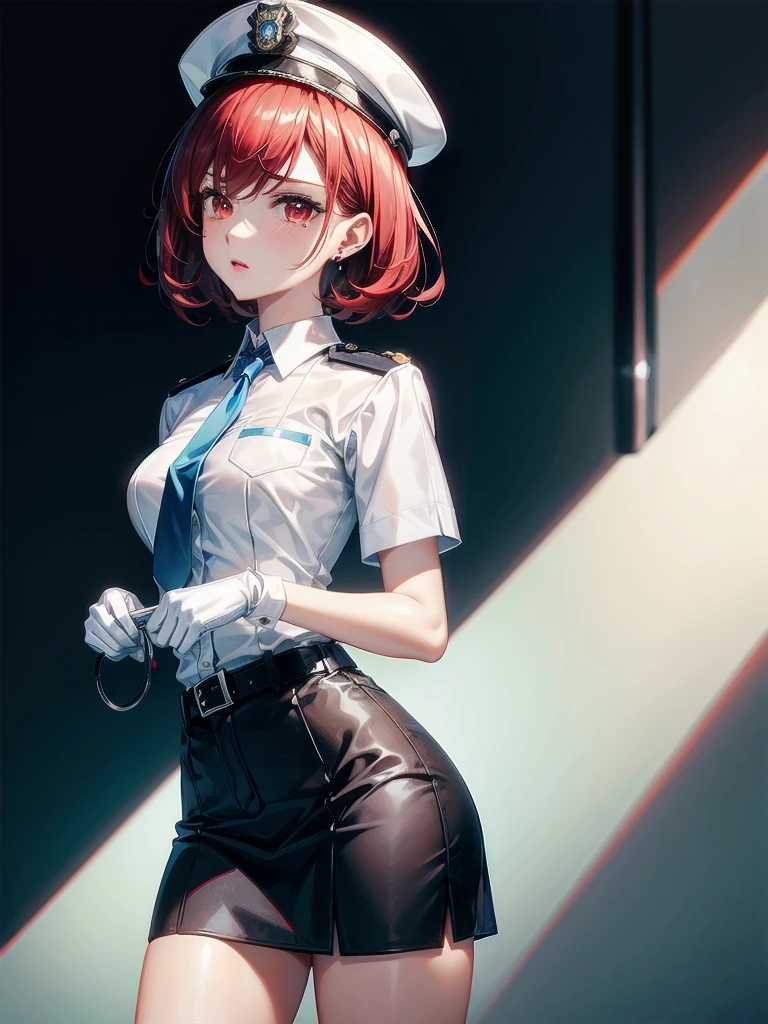policewoman uniform, light blue short sleeved shirt, navy necktie, high waisted miniskirt, belt, white gloves, police hat, handcuffs, absurdres, RAW photo, extremely delicate and beautiful, masterpiece, Best Quality, ultra high resolution, 32k, hyperrealistic, ultra-detailed, detailed description, pale skin, 20 years old, tearful mole, earring, short medium hair, wavy hair, whole body shot, legs, Redhead, Red eyes,