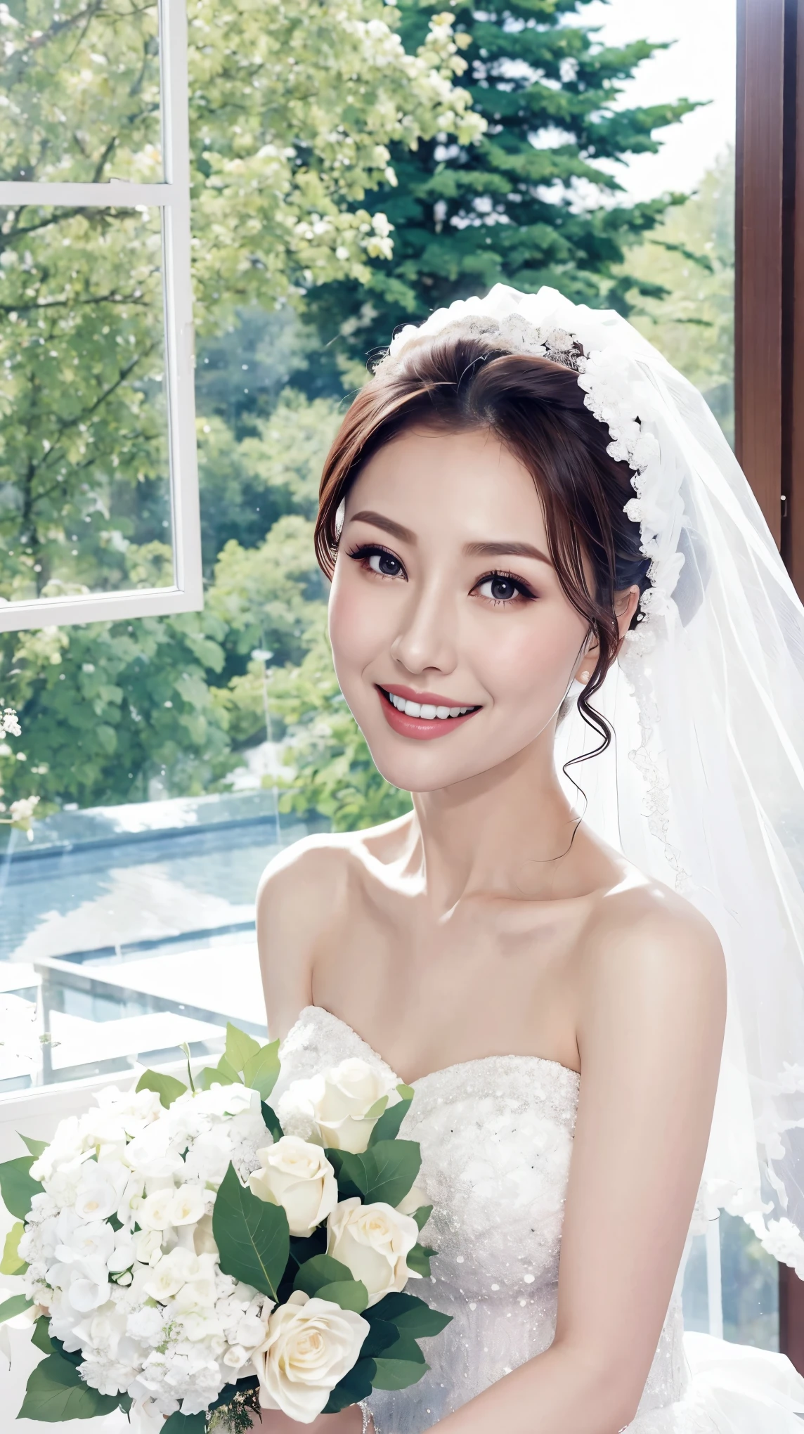 Fashion model 25 years old [[[[close up]]]], [[[[neck]]]], [[[[Shoulder]]]], Perfect eyes, Perfect iris，Perfect lips，Perfect Teeth，Perfect skin，White skin，Soft headlight，High-density imaging review，（Face is clear and delicate），((White Bride Wedding Dress))，((Smile))，((Background is indoor))，((There are green trees and flowers outside the window))，best quality，masterpiece，（Soft colors：1.2