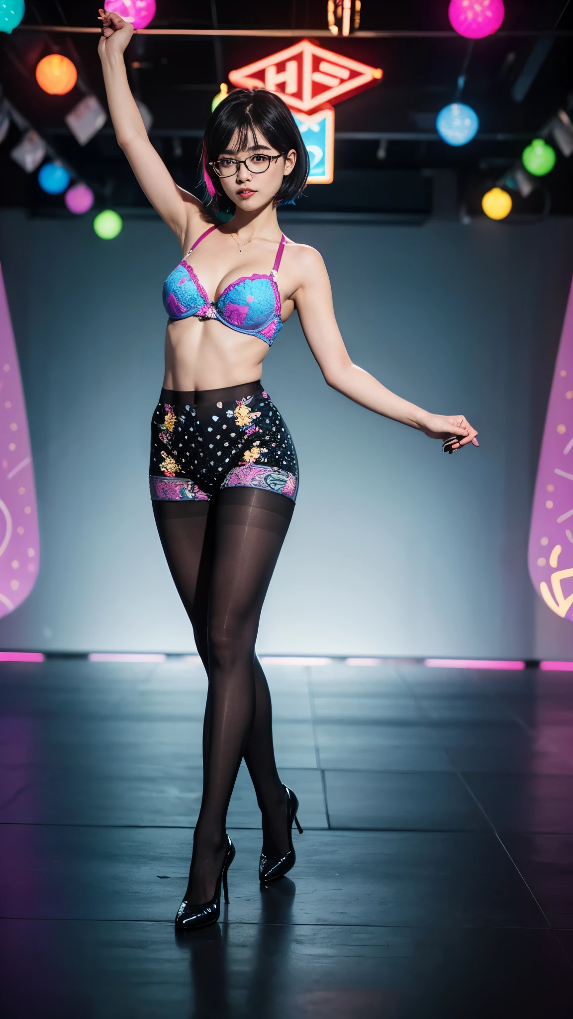 ,(full body:1.5),(((only one girl)):1.4),(view the viewer:1.4),((anatomy correct):1.45),(((dancing in the night club, Perfectly integrated background))):1.3),(she wears large glasses and Holding bra & pantie in her hand:1.2),(shy:1.15),(stocking set):1.2),(((((((patterns)))))) ,((thick pantyhose)):1.3),(high heels leather shoes:1.1),((Long legs and large chest):1.3),((((colorful))):1.4),(Accurate and perfect face:1.3),((black short hair):1.2),hyper HD, Ray traching, reflective light, structurally correct, Award-Awarded, high detail, lighten shade contrast, Face lighting ,cinematic lighting, masterpiece, super detailing, high quality, high detail, best quality, 16k,High contrast,