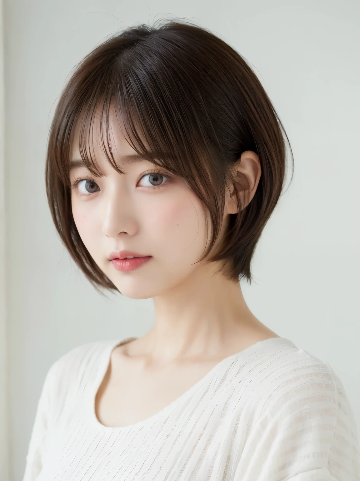 White long sleeve dress、Tabletop、(White wall in the background)、In front of a white door、((highest quality、8k、masterpiece:1.3))、Ultra-high resolution、(photoGenuineistic:1.4)、RAW Photos、30-year-old woman、Japanese,(face)、Genuine、Photographed in natural light、Highly detailed face and skin texture、Highly detailed lips、The correct state of the human body、short hair、Shortcuts、Black Hair、short hair、Various poses、Natural color lip、Fluffy hair