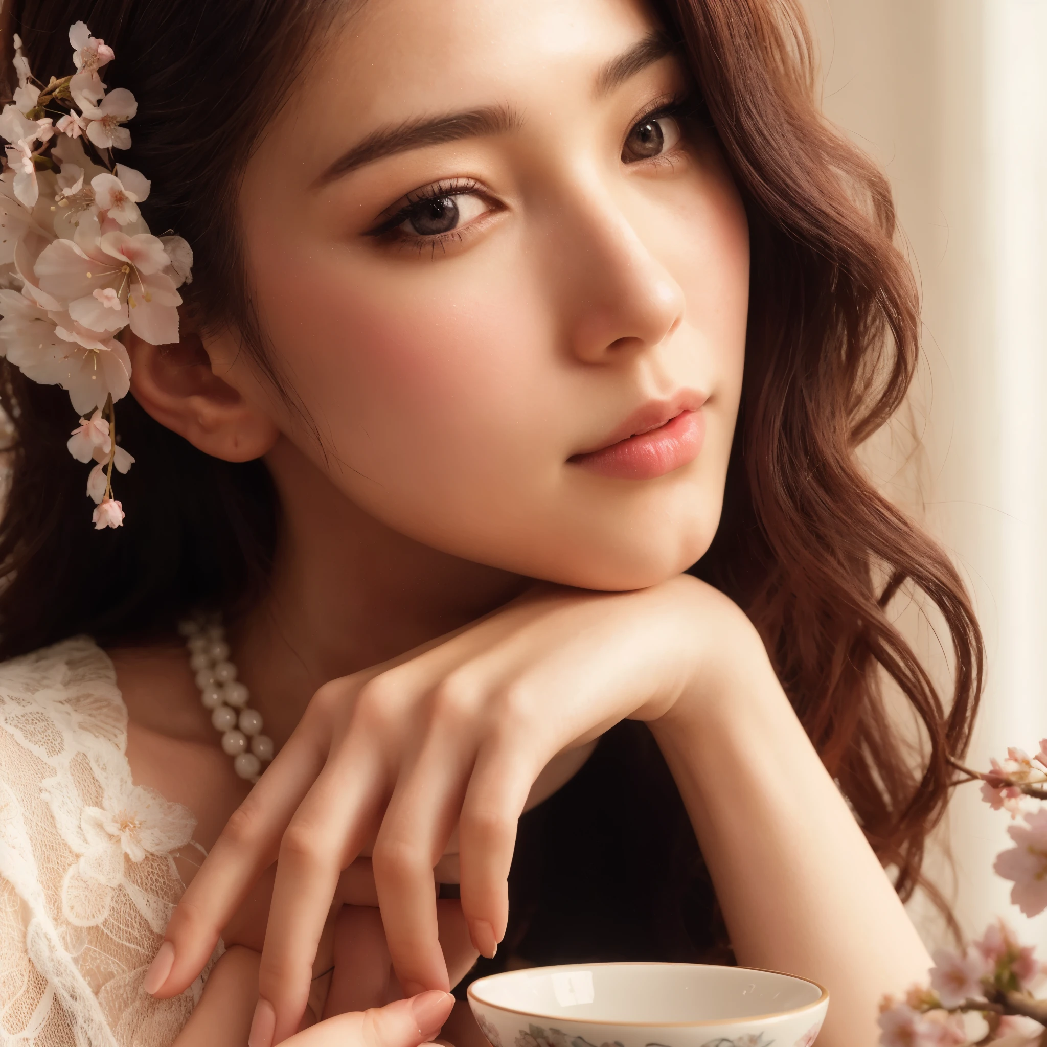 full body professional photography of an elegant Japanese female model dressed in modern trendy attire, ultra realistic, with dramatic lighting, in an attractive pose, adjusted contrast and saturations, resembling photo Sony 7000D with a background of Japanese mountain fuji scenery, high definition, styled as a modern-day geisha, with a subtle fan accessory, featuring an intricate kimono pattern, with a delicate cherry blossom hairpin, with falling cherry blossom petals, and a serene and contemplative expression, with a sunrise effect, enhanced colors in the sky