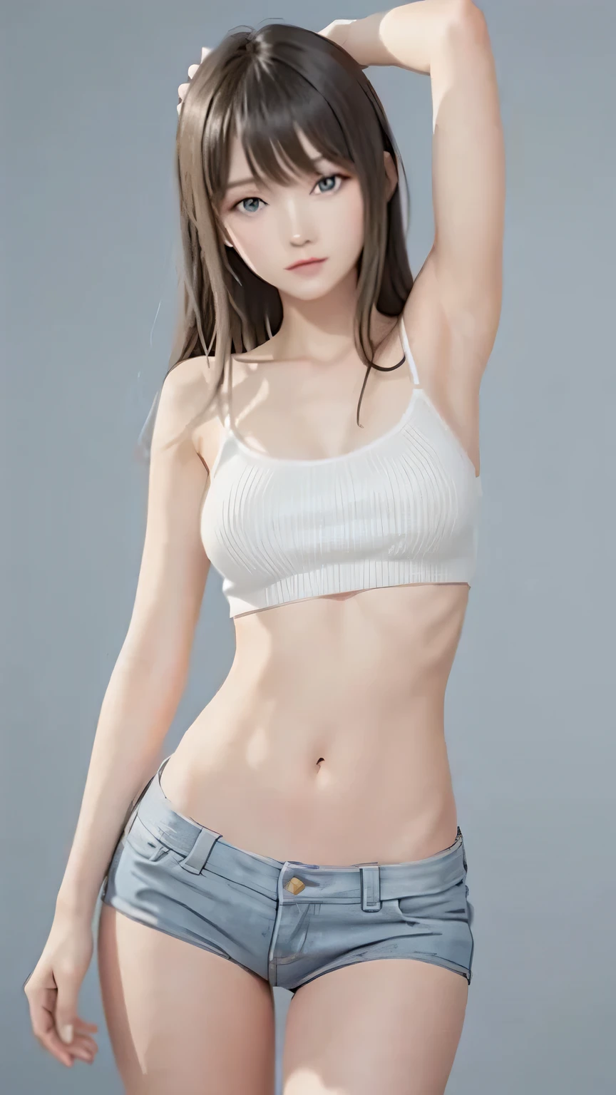 Masterpiece,Best quality,1girll,delicated face, bangs, Bare_Arms, Bare_bshoulders, Blue_Eyes, clavicle, cowboy_Shot, crop_Top, High legs, High legs_Panties, Long_Hair, Looking_at_peeping at the viewer, navel, Panties, Realistic, Solo, standing, underwear only, arm up, bottomless, pussy