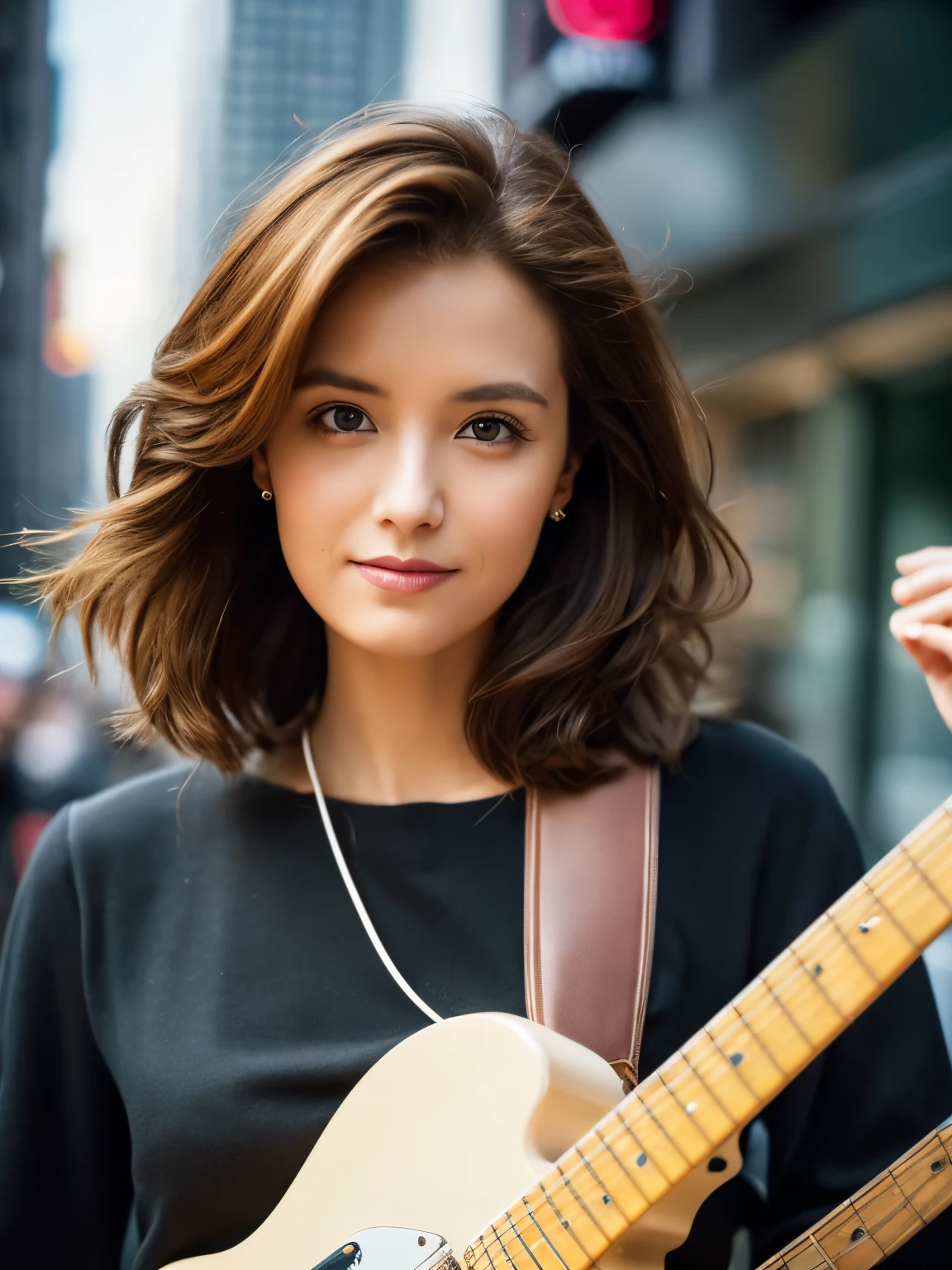 Short Bob Hair, nlnnx, (Clear focus:1.2), photograph, Attractive Young Woman, (Pretty face:1.1), Delicate eyes, Sweet Lips, (Bold red lip color:0.85),  (slim:1.2), (Long Hair:1.2),  Depth of written boundary, Bokeh, 4K, High resolution. pass (James C. Christensen:1.2|Jeremy Lipkin:1.1).((Playing electric guitar:1.3))、New York Manhattan、Dressed in 1980s clothing、40-year-old woman